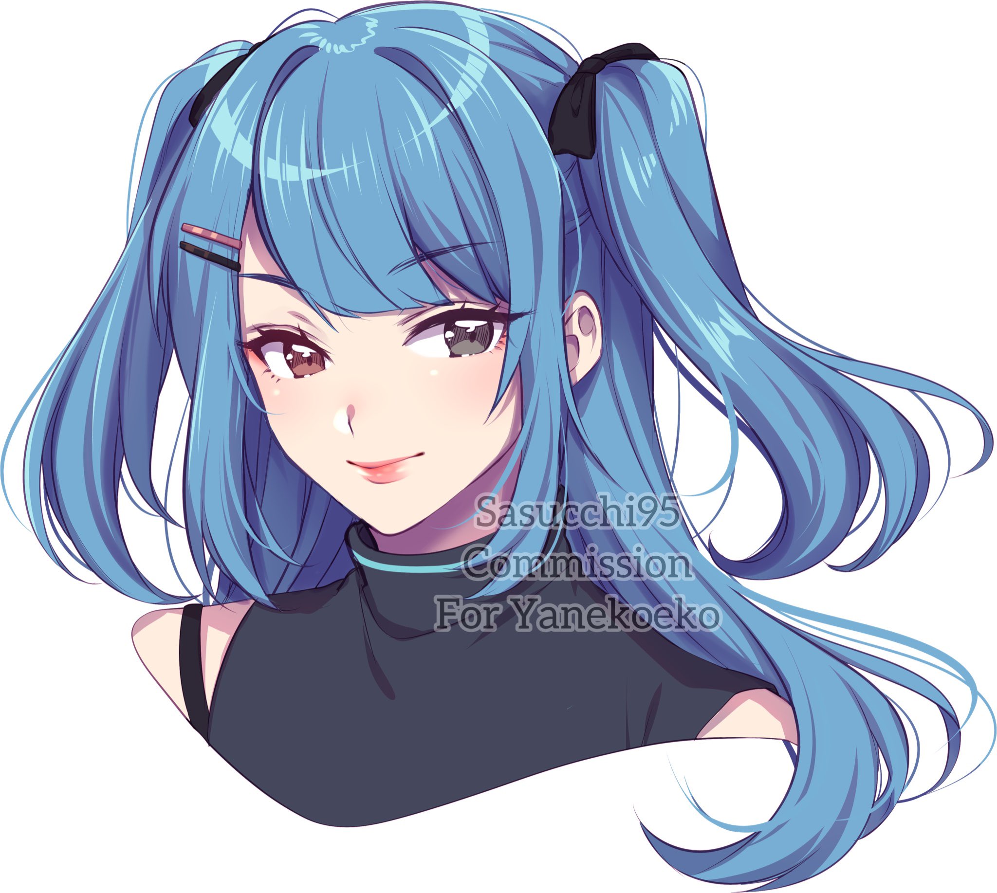 sasucchi95, original, commentary, commission, english commentary, highres, 1girl, artist name, bare shoulders, black bow, black eyes, black shirt, blue hair, blush, bow, brown eyes, center-flap bangs, closed mouth, cropped shoulders, hair between eyes, hair bow, hair ornament, heterochromia, lips, long hair, looking at viewer, shirt, sidelocks, simple background, sleeveless, sleeveless shirt, sleeveless turtleneck, smile, solo, swept bangs, tongue, turtleneck, turtleneck shirt, two side up, watermark, white background