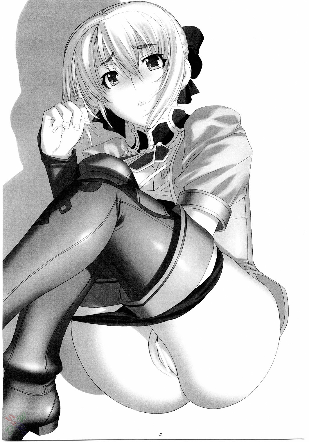 kansuke, cassandra alexandra, soul calibur, soulcalibur, soulcalibur ii, highres, 1girl, alternate costume, boots, censored, fallen angel, female focus, greyscale, monochrome, panties, panty pull, pussy, short hair, sitting, solo, thighhighs, underwear, watermark