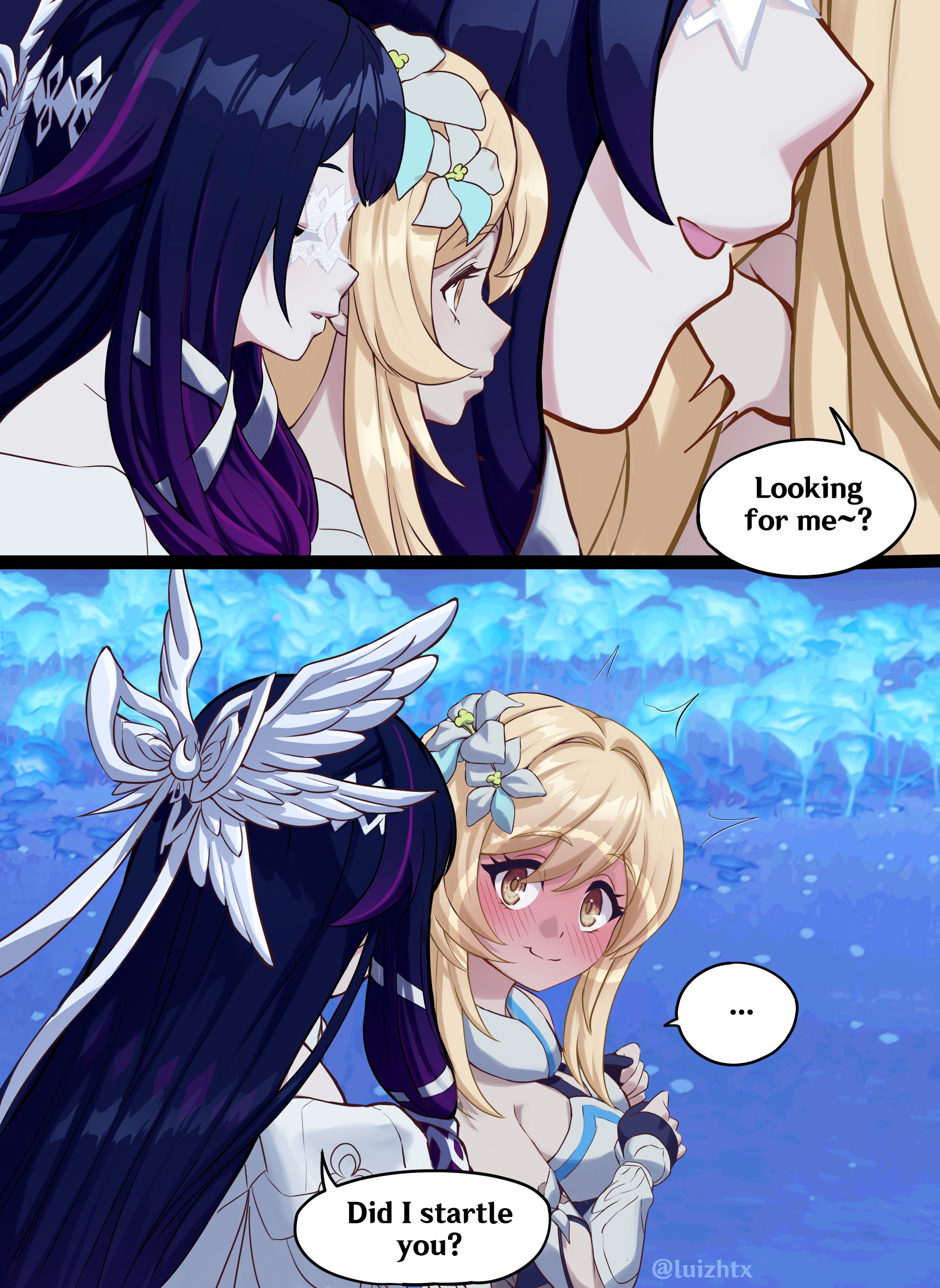 luizhtx, columbina (genshin impact), lumine (genshin impact), genshin impact, absurdres, commentary, english commentary, highres, …, 2girls, bare shoulders, black gloves, black hair, blonde hair, blush, breasts, closed eyes, closed mouth, detached sleeves, english text, gloves, hair between eyes, hair ornament, long hair, looking at another, looking back, medium breasts, multiple girls, parted lips, partially fingerless gloves, short hair with long locks, sleeveless, speech bubble, spoken ellipsis, twitter username, very long hair, white sleeves, wing hair ornament, yellow eyes