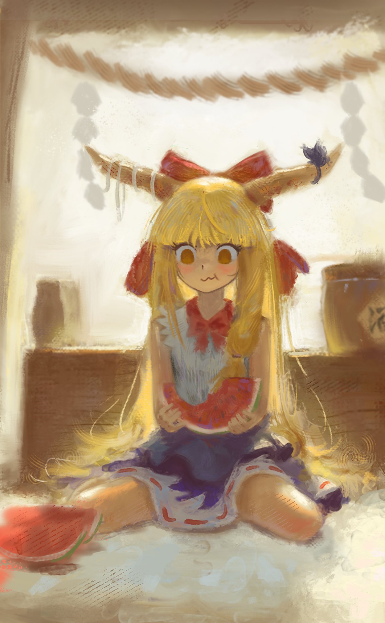 ibuki suika, touhou, hashtag-only commentary, highres, 1girl, blonde hair, blue ribbon, blush, bow, bowtie, chewing, eating, food, fruit, hair bow, holding, holding food, holding fruit, horn ornament, horn ribbon, horns, knees, long hair, on floor, orange eyes, purple skirt, red bow, red bowtie, ribbon, rope, sake barrel, shide, shimenawa, shirt, sidelocks, sitting, skirt, sleeveless, sleeveless shirt, solo, takerdaze, wariza, watermelon, watermelon slice, white ribbon, white shirt