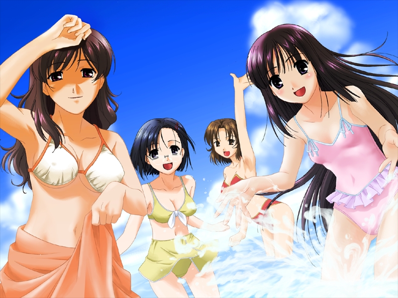 ojiri shin'ya, sakura akina, sakura fuyumi, sakura haruka, sakura natsue, sakura relaxation, game cg, non-web source, 4girls, bikini, blue hair, brown hair, day, glasses, long hair, multiple girls, one-piece swimsuit, purple hair, short hair, splashing, swimsuit, water