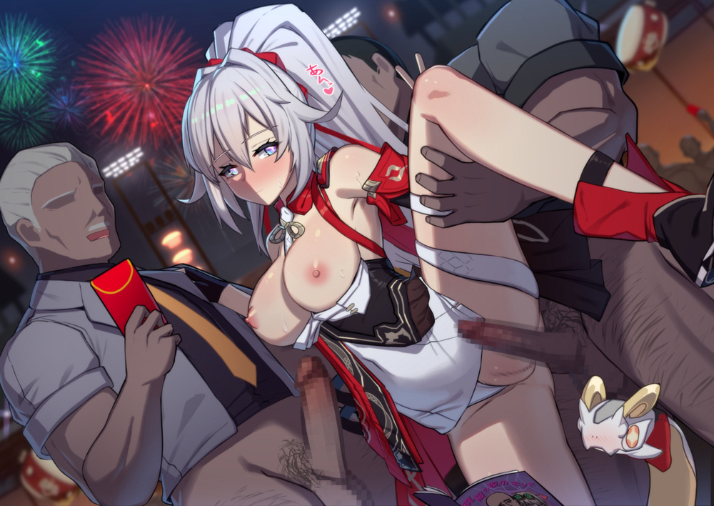 lao meng, kiana kaslana, kiana kaslana (ba-dum! fiery wishing star), honkai (series), honkai impact 3rd, 1girl, 2boys, black gloves, black shirt, blue eyes, boots, breasts, breasts out, clothing aside, dark-skinned male, dark skin, double v, fingerless gloves, fireworks, gloves, grey jacket, group sex, hetero, interracial, jacket, large breasts, long hair, mmf threesome, multiple boys, necktie, netorare, nipples, one eye closed, open mouth, orange necktie, penis, ponytail, pussy, rice cake (honkai impact), sex, shirt, single glove, single thigh boot, standing, standing on one leg, standing sex, testicles, thigh boots, threesome, v, very long hair