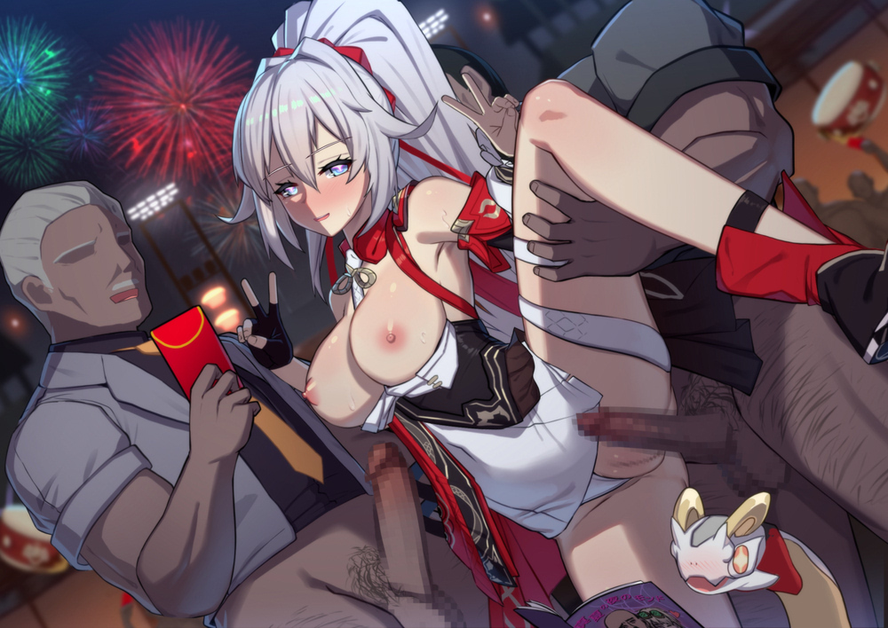 lao meng, kiana kaslana, kiana kaslana (ba-dum! fiery wishing star), honkai (series), honkai impact 3rd, 1girl, 2boys, black gloves, black shirt, blue eyes, boots, breasts, breasts out, clothing aside, dark-skinned male, dark skin, double v, fingerless gloves, fireworks, gloves, grey jacket, group sex, hetero, interracial, jacket, large breasts, long hair, mmf threesome, multiple boys, necktie, netorare, nipples, one eye closed, open mouth, orange necktie, penis, ponytail, pussy, rice cake (honkai impact), sex, shirt, single glove, single thigh boot, standing, standing on one leg, standing sex, testicles, thigh boots, threesome, v, very long hair