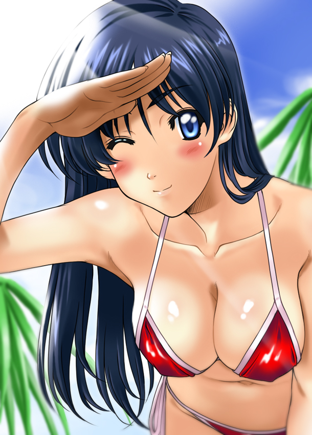 kamia (not found), yukino sayuri, original, bad id, bad pixiv id, 1girl, bikini, blue eyes, blue hair, blush, breasts, cleavage, covered erect nipples, day, female focus, large breasts, long hair, matching hair/eyes, navel, one eye closed, red bikini, shading eyes, side-tie bikini bottom, smile, solo, swimsuit, wink