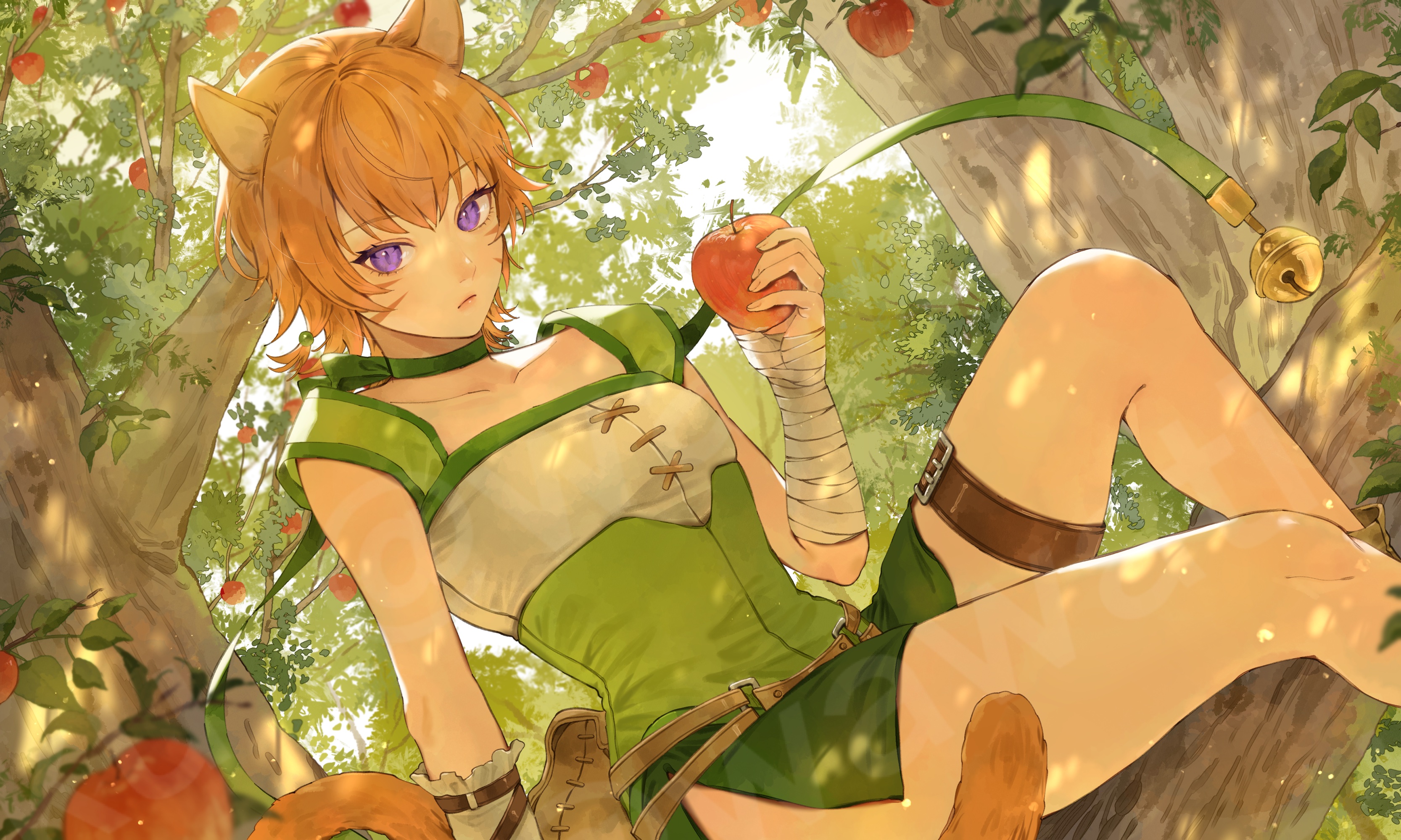 wawatiku, lethe (fire emblem), fire emblem, fire emblem: path of radiance, fire emblem: radiant dawn, nintendo, absurdres, commission, highres, skeb commission, 1girl, animal ears, apple, bell, belt, cat ears, cat girl, cat tail, choker, closed mouth, collar, eyelashes, facial mark, food, fruit, green choker, green collar, green shorts, hair between eyes, holding, holding food, holding fruit, in tree, leaf, looking at viewer, o-ring, o-ring belt, orange hair, orange tail, purple eyes, short hair, shorts, side slit, side slit shorts, sitting, sitting in tree, tail, thigh belt, thigh strap, thighs, tree, whisker markings, wrist wrap