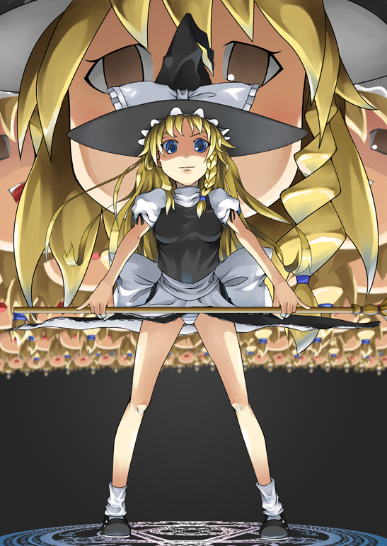 aa satoshi, kirisame marisa, touhou, 1girl, dress, female focus, full body, magic, panties, solo, striped clothes, striped panties, underwear, witch, yukkuri shiteitte ne