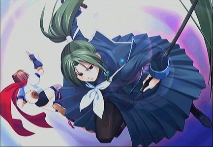 konoha (arcana heart), tokinomiya kamui, aq interactive, arcana heart, atlus, examu, lowres, katana, pantyhose, school uniform, serafuku, skirt, sword, weapon