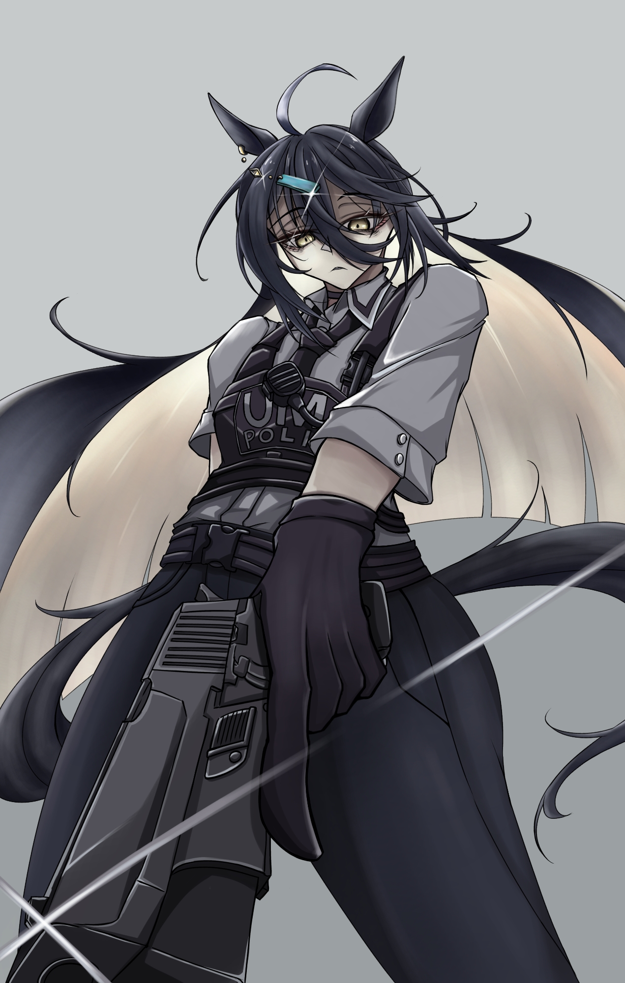 manhattan cafe (umamusume), umamusume, highres, 1girl, ahoge, animal ears, belt, black belt, black choker, black gloves, black hair, black necktie, black pants, black vest, blonde hair, bulletproof vest, choker, closed mouth, colored inner hair, ear ornament, ear tag, earrings, frown, gloves, grey background, grey shirt, gun, hair between eyes, handgun, holding, holding gun, holding weapon, horse ears, horse girl, horse tail, jewelry, koba shi, long hair between eyes, long sleeves, looking at viewer, loose necktie, multicolored hair, necktie, pants, shirt, simple background, single earring, solo, tail, vest, walkie-talkie, weapon, white hair, yellow eyes