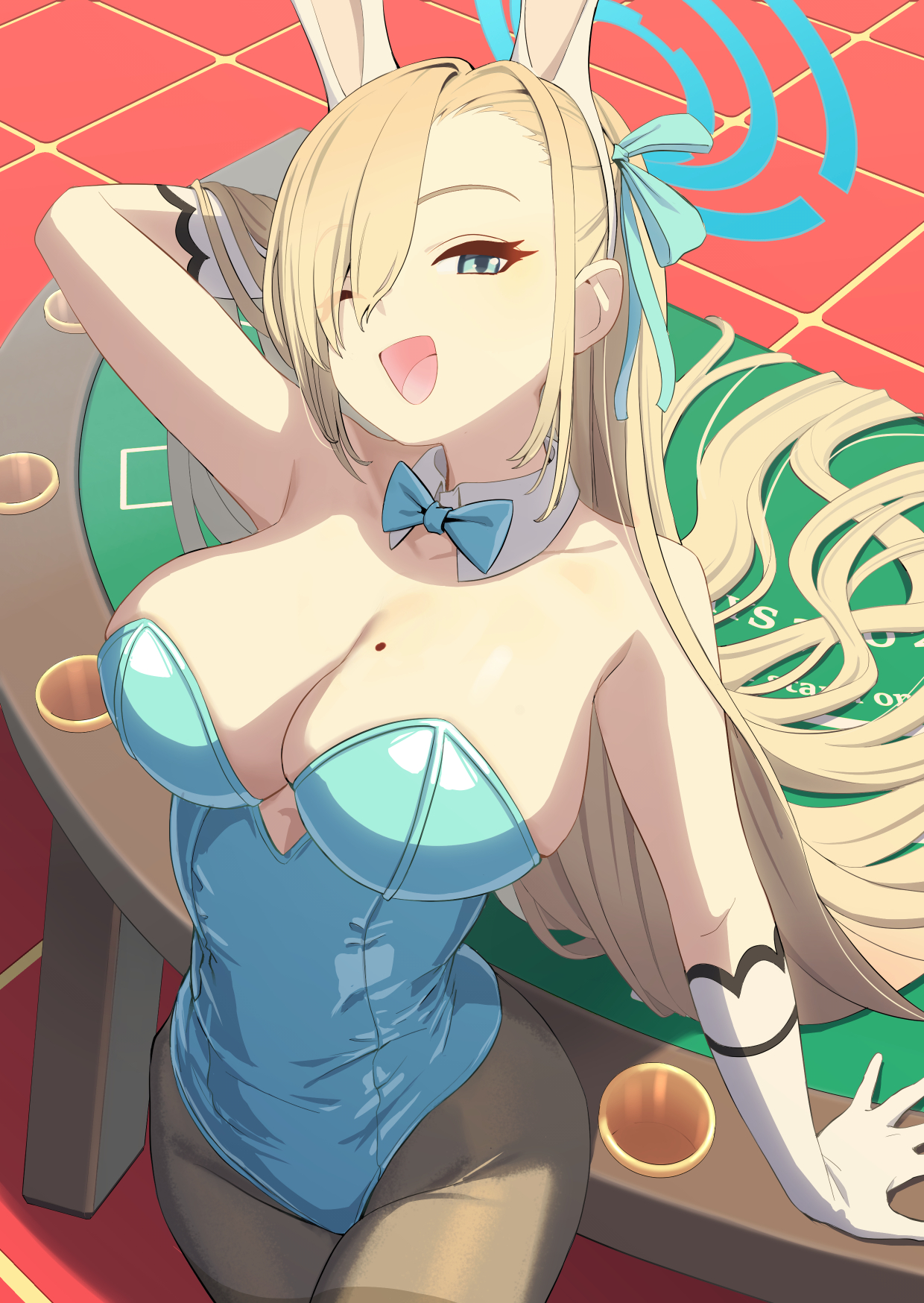 shrimp1634, asuna (blue archive), asuna (bunny) (blue archive), blue archive, commentary, highres, 1girl, animal ears, blonde hair, blue eyes, blue leotard, bow, bowtie, breasts, cleavage, detached collar, elbow gloves, fake animal ears, gloves, hair over one eye, hair ribbon, halo, hand in own hair, large breasts, leotard, long hair, looking at viewer, mole, mole on breast, one eye closed, pantyhose, playboy bunny, poker table, rabbit ears, ribbon, solo, strapless, strapless leotard, table, tile floor, tiles, very long hair, white gloves