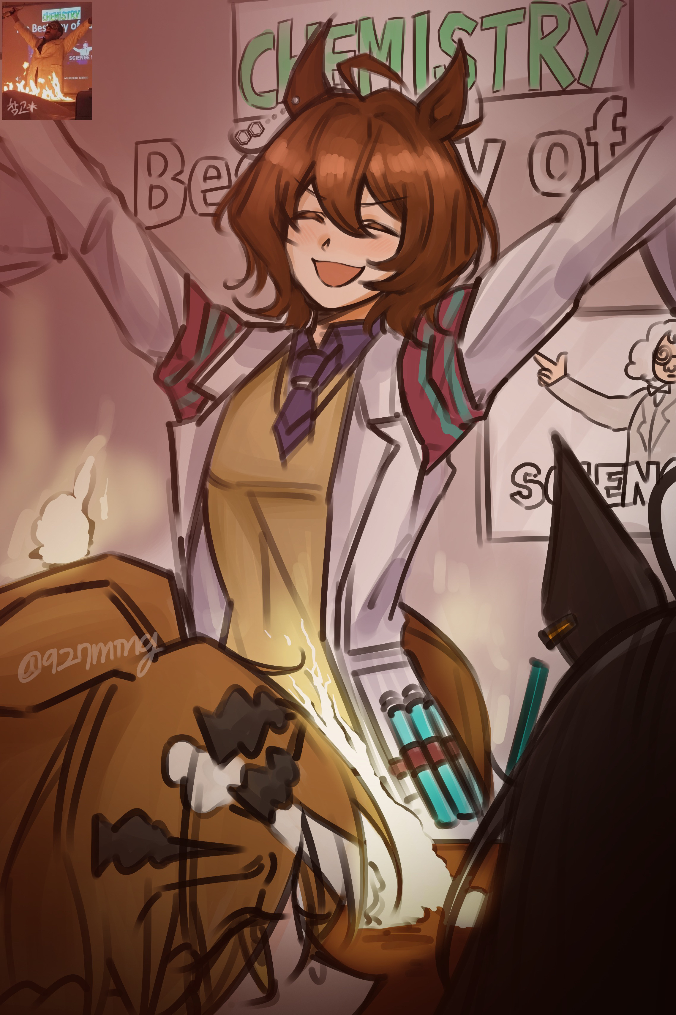 agnes tachyon (tach-nology) (umamusume), agnes tachyon (umamusume), jungle pocket (umamusume), manhattan cafe (umamusume), umamusume, absurdres, highres, 3girls, 927ming, ahoge, animal ears, arms up, artist name, black hair, black shirt, brown hair, celebration, chemical structure, closed eyes, coat, collared shirt, ear ornament, earrings, ears down, hair between eyes, hair ornament, hairclip, horse ears, horse girl, jam (umamusume), jewelry, lab coat, long sleeves, multiple girls, open clothes, open coat, open mouth, shirt, signature, single earring, sleeves past fingers, sleeves past wrists, smile, sweatdrop, sweater, test tube, twitter username, white coat, yellow eyes, yellow sweater