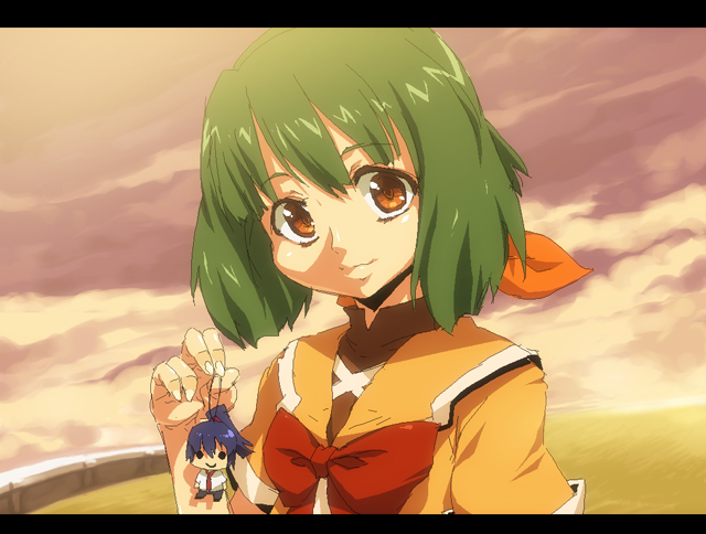 onija tarou, ranka lee, saotome alto, macross, macross frontier, cameo, cloud, green hair, orange eyes, school uniform, serafuku