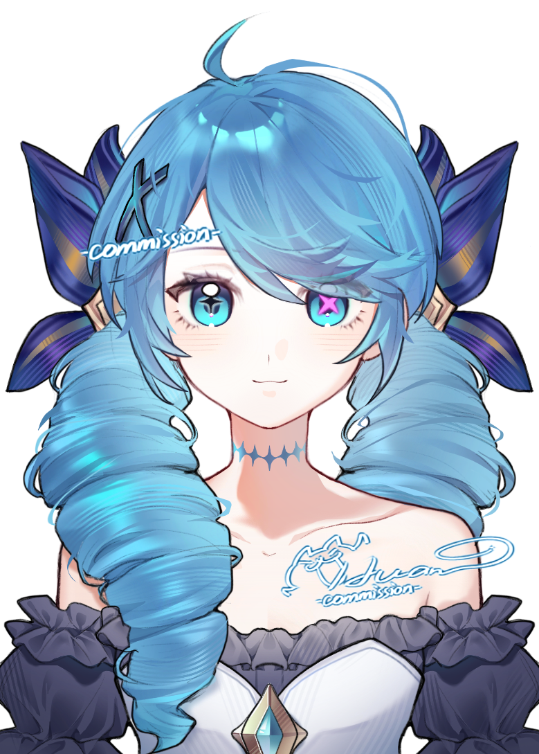 gwen (league of legends), league of legends, commission, mihuashi commission, variant set, 1girl, :3, ahoge, bare shoulders, black shirt, blue bow, blue eyes, blue gemstone, blue hair, blue tattoo, bow, bright pupils, closed mouth, collarbone, diamond (shape), drill hair, gem, hair bow, hair ornament, hair over shoulder, long hair, looking at viewer, mismatched pupils, neck tattoo, off-shoulder shirt, off shoulder, pink pupils, puffy sleeves, shirt, side part, signature, simple background, solo, star-shaped pupils, star (symbol), straight-on, sundayxiye, symbol-shaped pupils, tattoo, twin drills, upper body, watermark, white background, x-shaped pupils, x hair ornament