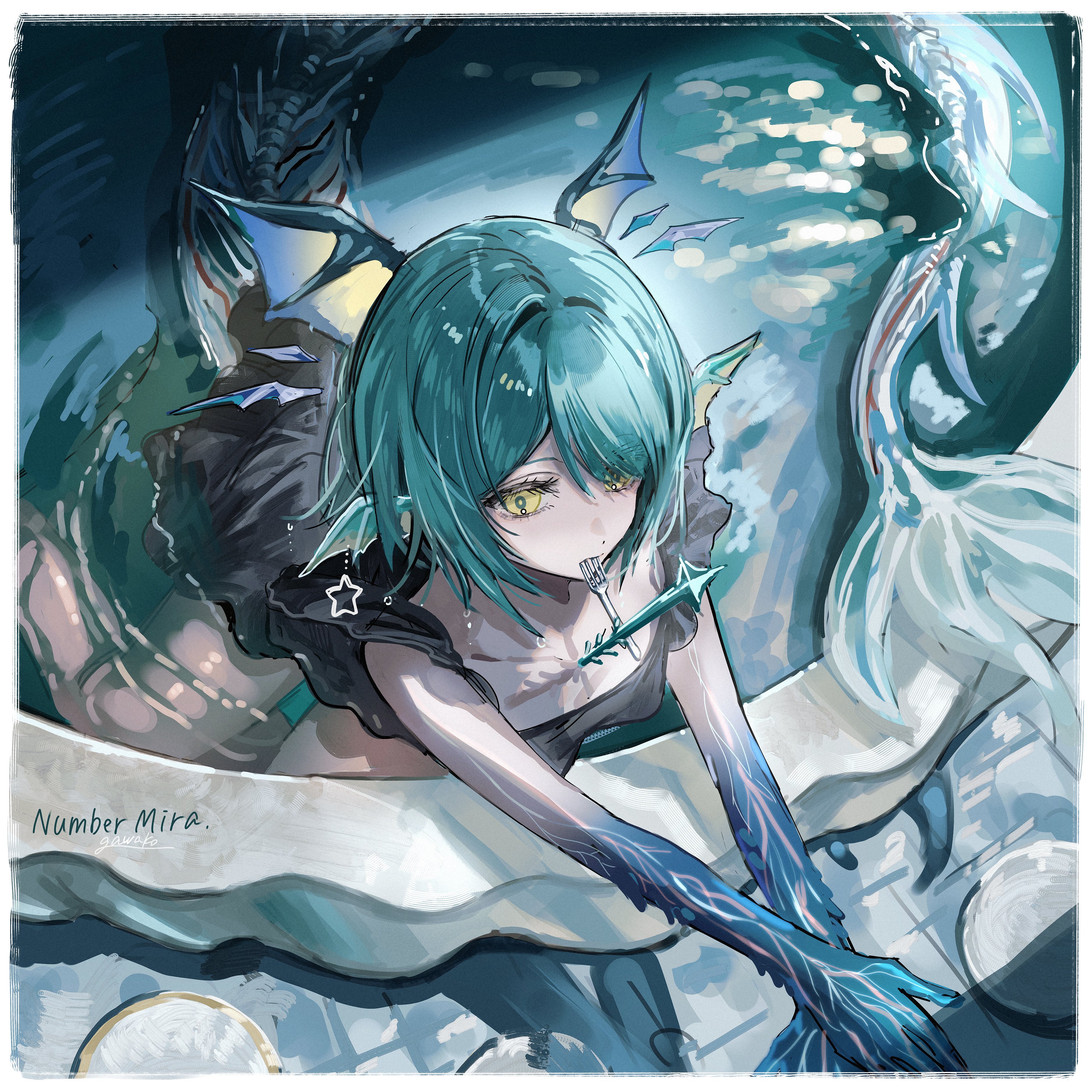 gawako, original, absurdres, highres, tagme, bare legs, bat wings, black dress, blue hair, clothed bath, demon wings, dot nose, dress, feet out of frame, fins, fish tail, fork, from above, head wings, long tail, monster girl, multiple wings, outstretched arms, partially submerged, pool, short hair, signature, swept bangs, tail, utensil in mouth, water, wet, wings, yellow eyes