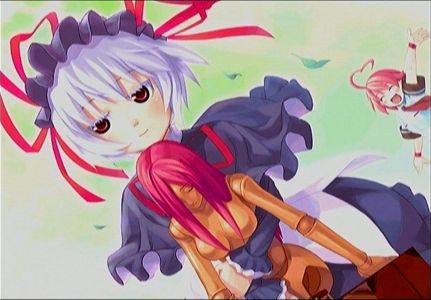 aino heart, elfriede (arcana heart), lieselotte achenbach, aq interactive, arcana heart, atlus, examu, game cg, lowres, official art, tagme, 2girls, gothic lolita, grey hair, happy, lolita fashion, multiple girls, open mouth, red eyes, short hair, smile