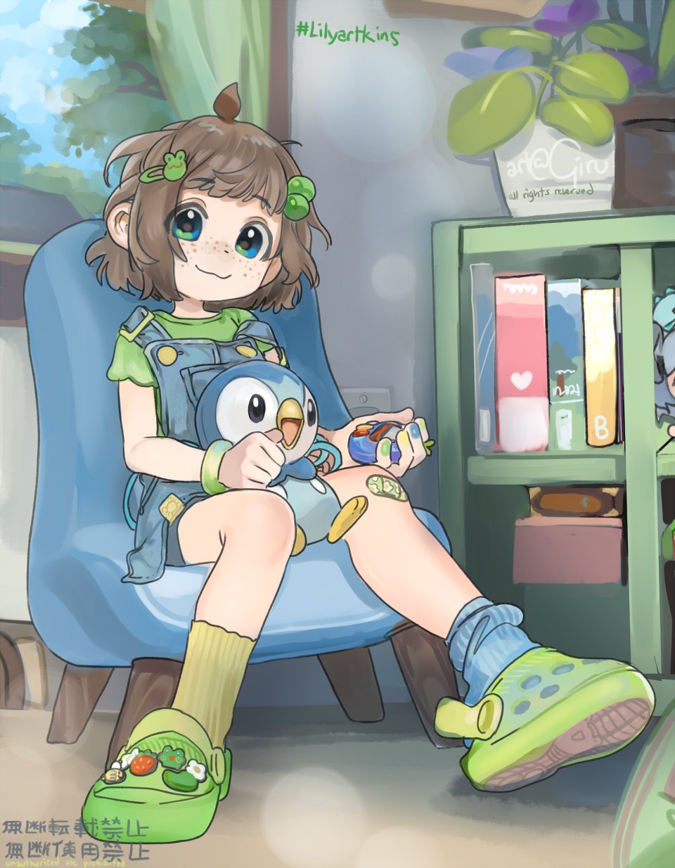 girutea, lily hopkins, indie virtual youtuber, highres, 1girl, bandaid, bandaid on knee, bandaid on leg, blue eyes, brown hair, freckles, hair ornament, shirt, sitting, socks