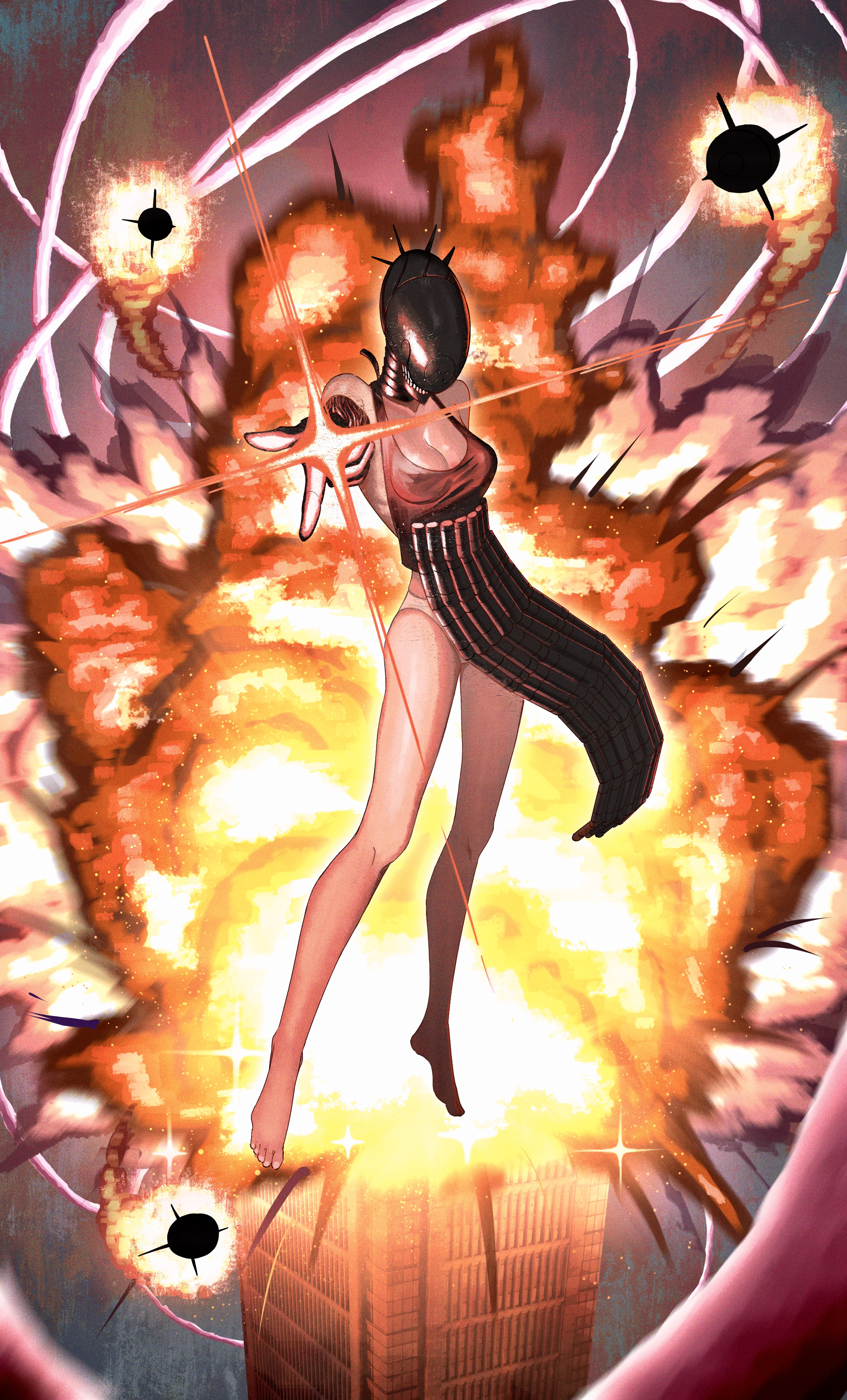 riteiku (user tarc8275), bomb devil (chainsaw man), chainsaw man, absurdres, highres, 1girl, apron, barefoot, black apron, bomb, breasts, building, cleavage, dynamite, explosion, explosion background, explosive, feet, medium breasts, midair, panties, solo, teeth, underwear, white panties
