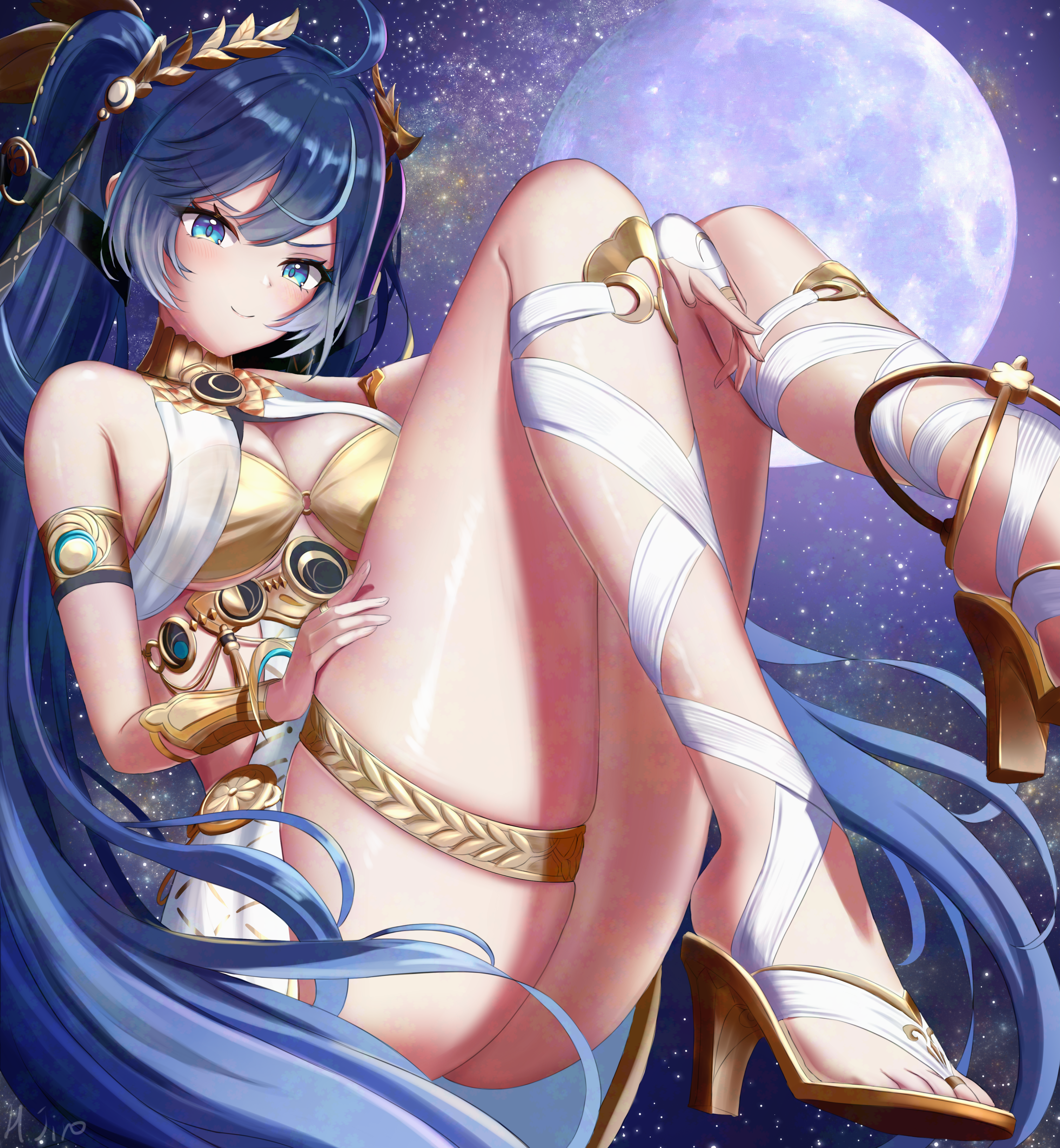 iuno (wuthering waves), wuthering waves, absurdres, commentary request, highres, 1girl, ahoge, armlet, bare shoulders, blue eyes, blue hair, breasts, bridal gauntlets, cleavage, closed mouth, gladiator sandals, gold bra, hair belt, head wreath, jewelry, long hair, looking at viewer, medium breasts, multicolored hair, sandals, sidelocks, single bridal gauntlet, smile, solo, streaked hair, thighlet, thighs, twintails, user fwuk5773, very long hair, white bridal gauntlets