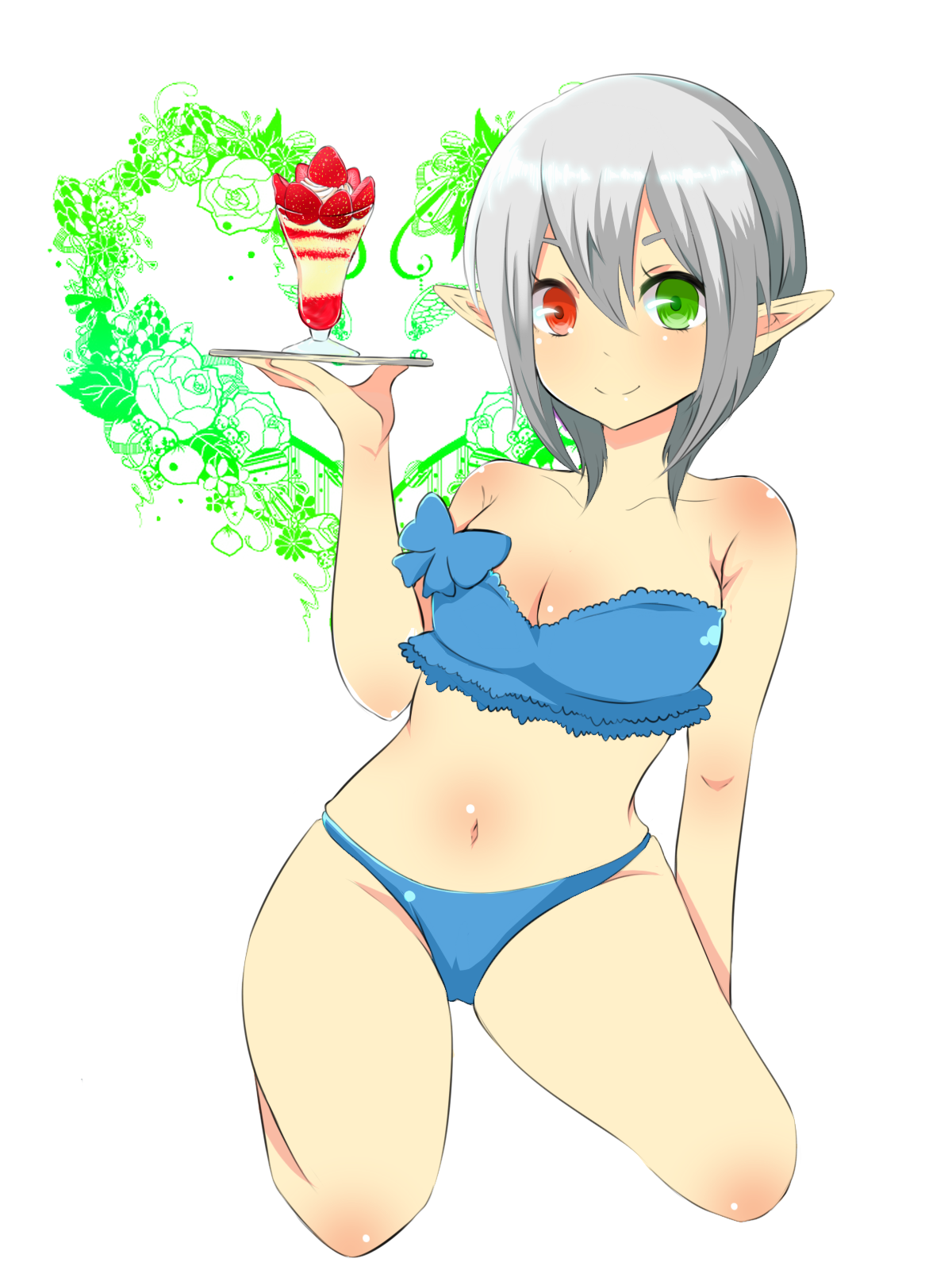 yu makoto (yu uma), iris noire, rune factory, rune factory frontier, highres, 1girl, bare shoulders, breasts, cleavage, closed mouth, collarbone, floral background, food, fruit, full body, green eyes, hair between eyes, heterochromia, large breasts, midriff, pointy ears, red eyes, sitting, solo, split mouth, straight hair, strawberry