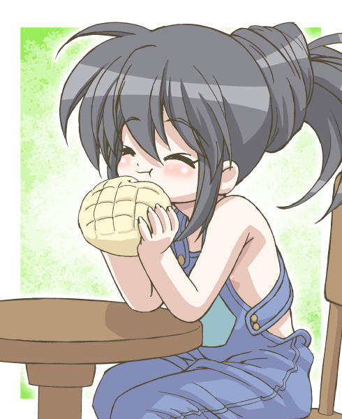 shana, shakugan no shana, non-web source, 00s, 1girl, black hair, bread, breasts, eating, female focus, food, loli, melon bread, naked overalls, nipple slip, nipples, overalls, ponytail, small breasts, solo