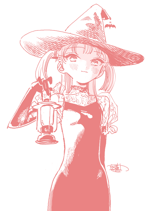 hiro (dismaless), kizaki erika, akebi-chan no serafuku, 1girl, alternate costume, bat hat ornament, blush, closed mouth, cowboy shot, dress, elbow gloves, gloves, hat, holding lamp, long hair, looking at viewer, monochrome, pink theme, puffy short sleeves, puffy sleeves, short sleeves, signature, simple background, solo, spaghetti strap, straight hair, swept bangs, two side up, white background, witch hat