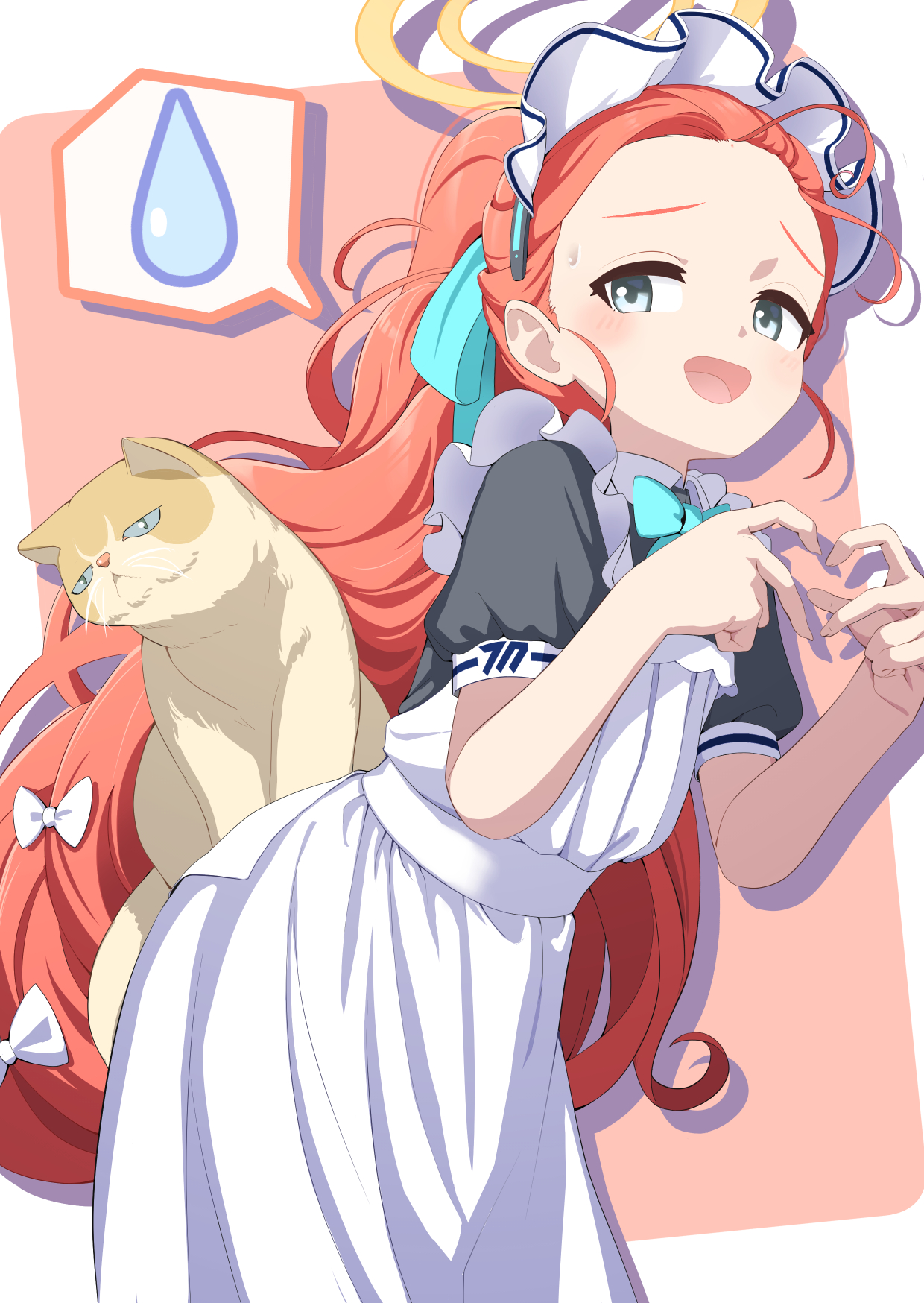 shrimp1634, yuzu (blue archive), yuzu (maid) (blue archive), blue archive, commentary, highres, 1girl, animal, apron, black dress, blue eyes, blush, bow, cat, dress, forehead, hair bow, halo, heart, heart hands, leaning forward, long hair, maid, maid headdress, open mouth, short sleeves, simple background, solo, spoken sweatdrop, sweat, sweatdrop, very long hair, white apron, white bow