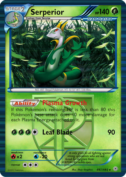 serperior, nintendo, pokemon, pokemon tcg, commentary, 1other, animal focus, blue border, border, day, english text, facing to the side, fake trading card, falling leaves, gen 5 pokemon, grass, green background, leaf, official style, on grass, outdoors, pokemon ability, pokemon move, red eyes, shiningbill, snake, tall grass, team plasma, trading card, wind, yellow trim