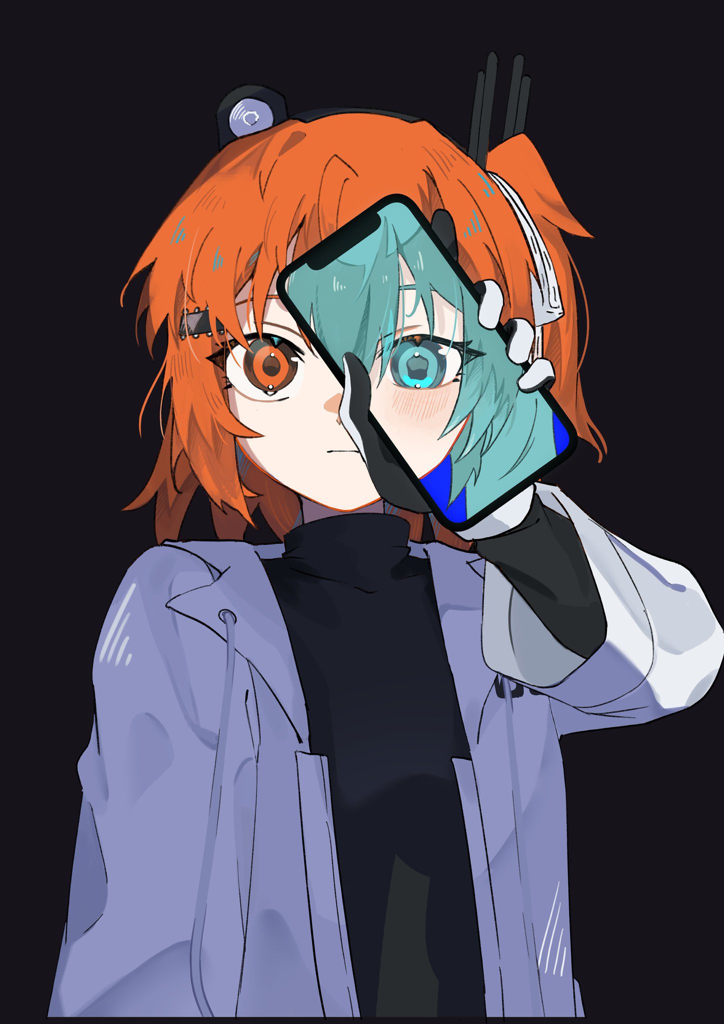 senri (hrydy o), adachi rei, hatsune miku, a.i. voice, utau, vocaloid, highres, 1girl, 2025, aqua eyes, aqua hair, black background, cellphone, gloves, lab coat, orange eyes, orange hair, phone, serious, side ponytail