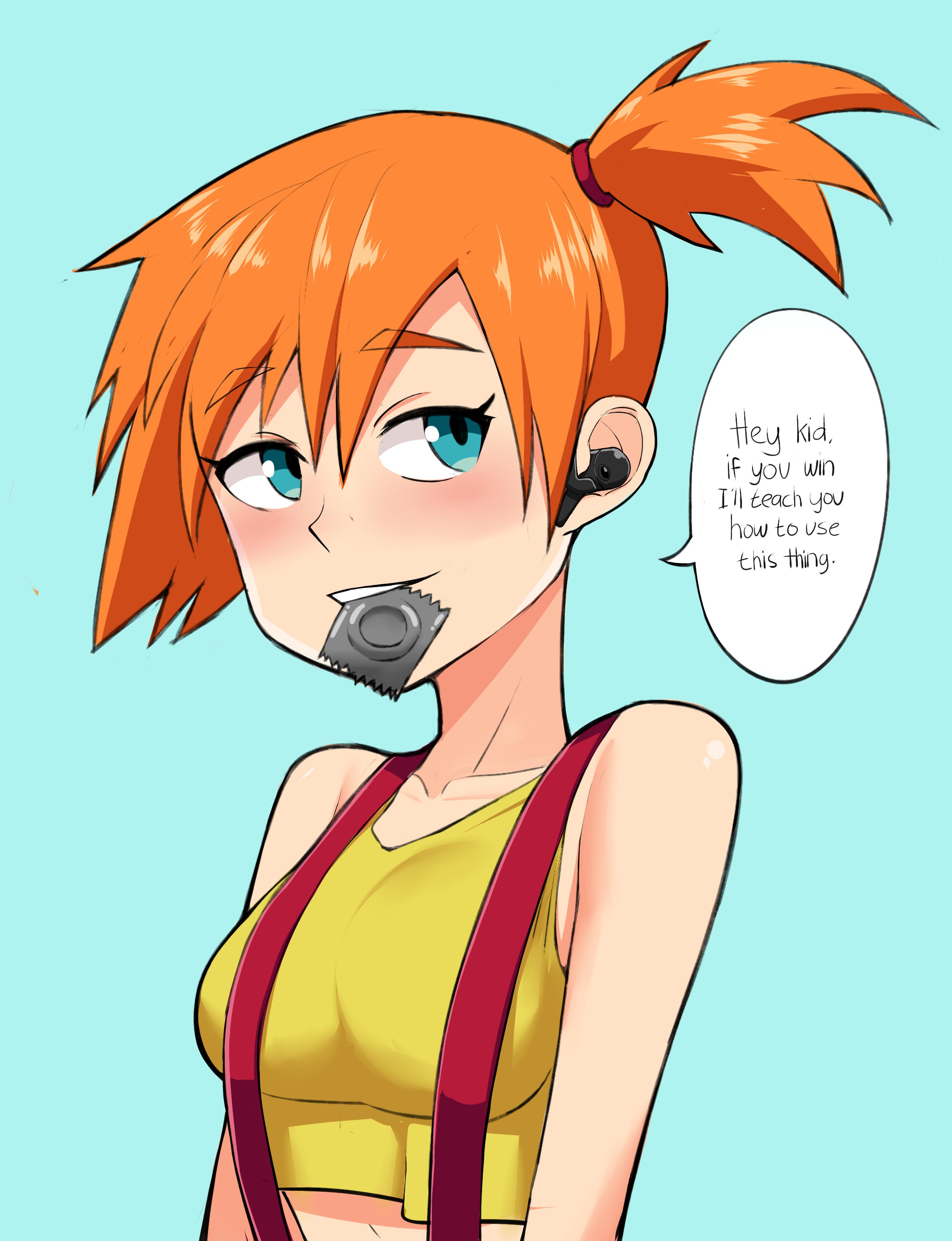 allbeatnik, misty (pokemon), nintendo, pokemon, pokemon (anime), pokemon (classic anime), pokemon rgby, absurdres, highres, 1girl, bare arms, bare shoulders, blue eyes, blush, breasts, collarbone, condom, condom in mouth, condom wrapper, crop top, earphones, english text, hair tie, looking at viewer, medium breasts, mouth hold, orange hair, ponytail, shirt, short hair, side ponytail, sleeveless, sleeveless shirt, smile, solo, suspenders, tank top, teeth, upper body, yellow shirt, yellow tank top
