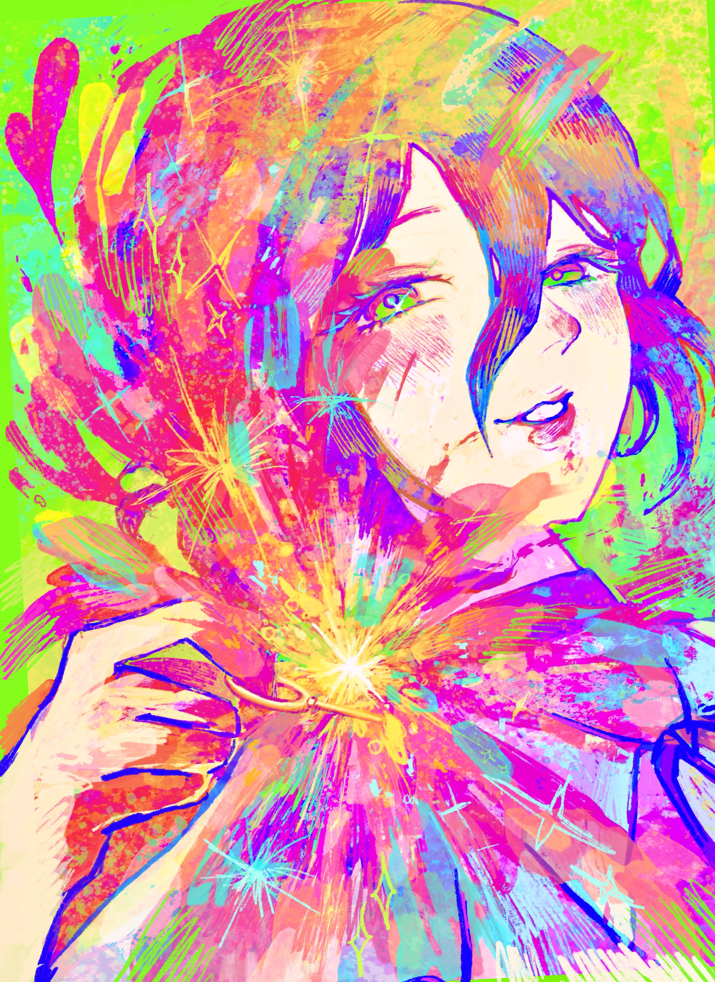 otonoha aika, reze (chainsaw man), chainsaw man, absurdres, highres, 1girl, colorful, green background, green eyes, grenade pin, hair between eyes, imminent explosion, looking at viewer, parted lips, purple hair, solo