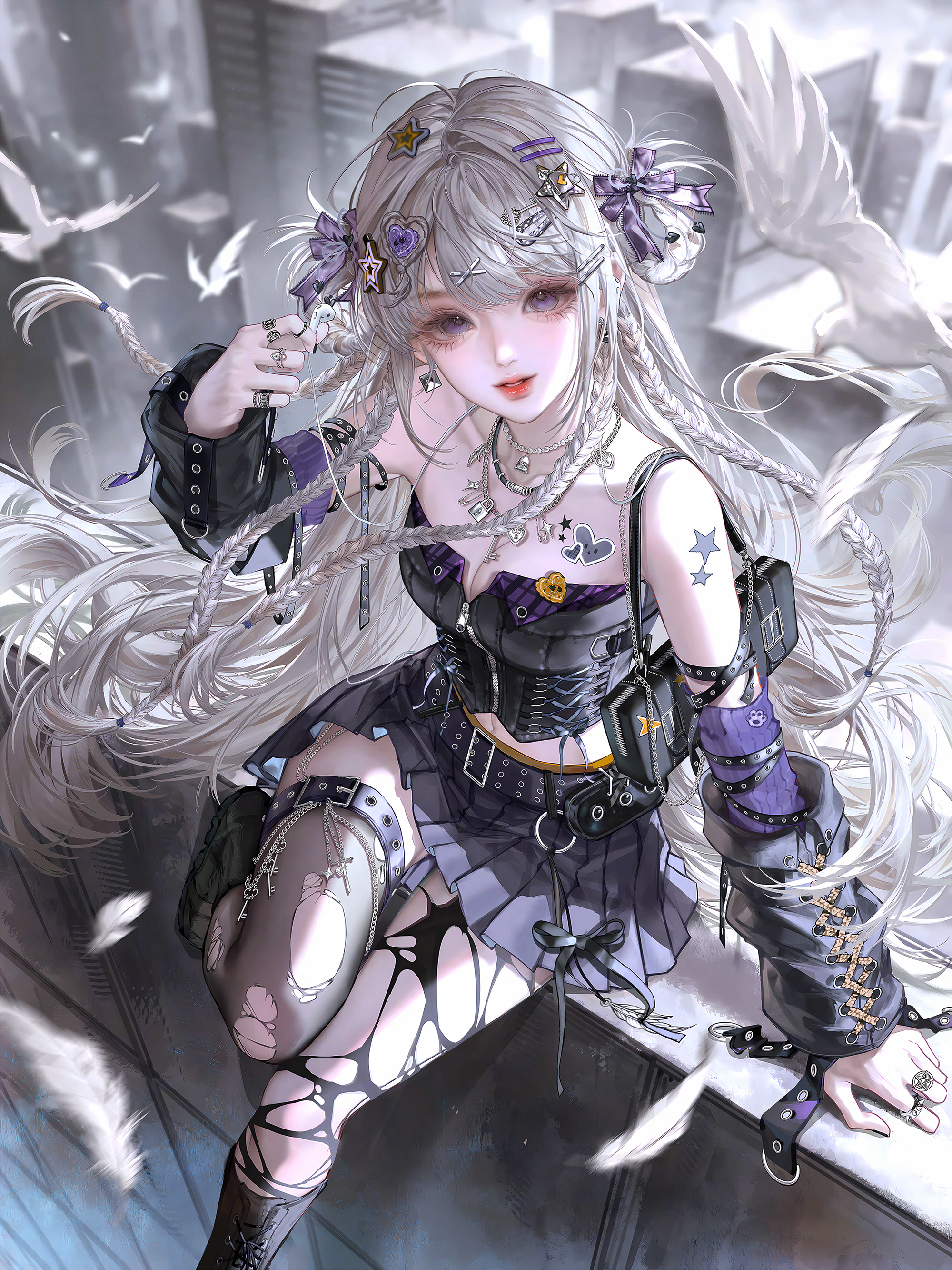 gloriash, original, absurdres, highres, 1girl, bare shoulders, belt, bird, black jacket, black skirt, black thighhighs, blurry, bow, braid, breasts, chain, cleavage, cross, detached sleeves, feathers, hair bow, hair orament, hair ornament, hair ribbon, hairclip, heart, jacket, jewelry, long hair, looking at viewer, midriff, miniskirt, necklace, outdoors, pleated skirt, purple bow, purple eyes, purple ribbon, red lips, ribbon, ring, sitting, skirt, solo, star (symbol), star hair ornament, star symbol, tattoo, thighhighs, tongue, tongue out, torn clothes, torn thighhighs, very long hair, white hair