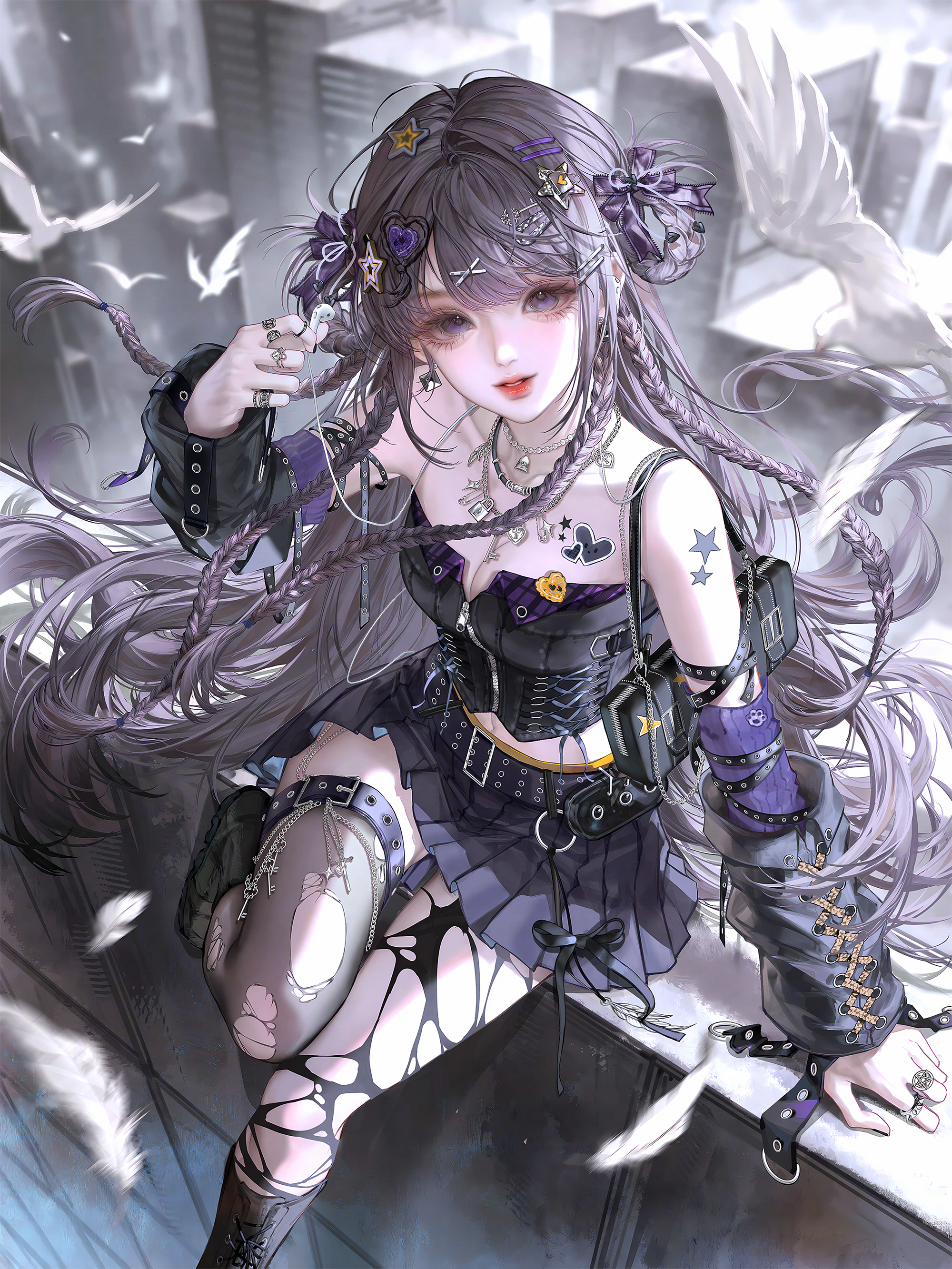 gloriash, original, absurdres, highres, 1girl, bare shoulders, belt, bird, black jacket, black skirt, black thighhighs, bow, braid, breasts, cleavage, cross, detached sleeves, earrings, feathers, hair orament, hair ornament, hair rings, hairclip, jacket, jewelry, long hair, looking at viewer, medium breasts, miniskirt, multiple rings, necklace, pleated skirt, purple eyes, purple hair, ring, sitting, skirt, solo, star symbol, tattoo, thighhighs, tongue, torn clothes, torn thighhighs, very long hair, x hair ornament
