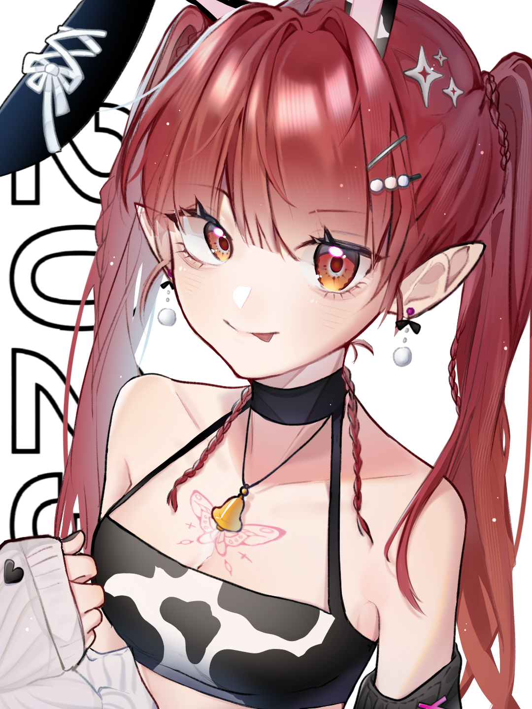 dongfang zhizi, utau, chinese commentary, commentary request, highres, variant set, 1girl, 2023, :p, aegyo sal, animal ears, bare shoulders, bell, black choker, black nails, braid, breasts, butterfly tattoo, chest tattoo, choker, cleavage, closed mouth, collarbone, crop top, cross-laced clothes, earrings, fake animal ears, fingernails, hair intakes, hair ornament, hairclip, hairpin, halterneck, hand up, jewelry, lone nape hair, long hair, long sleeves, looking at viewer, nail polish, neck bell, necklace, number background, off shoulder, orange eyes, pink tattoo, pointy ears, pom pom (clothes), pom pom earrings, rabbit ears, red hair, simple background, sleeves past wrists, smile, solo, sparkle hair ornament, sundayxiye, tattoo, tongue, tongue out, twintails, twintails with braided base, upper body, white background