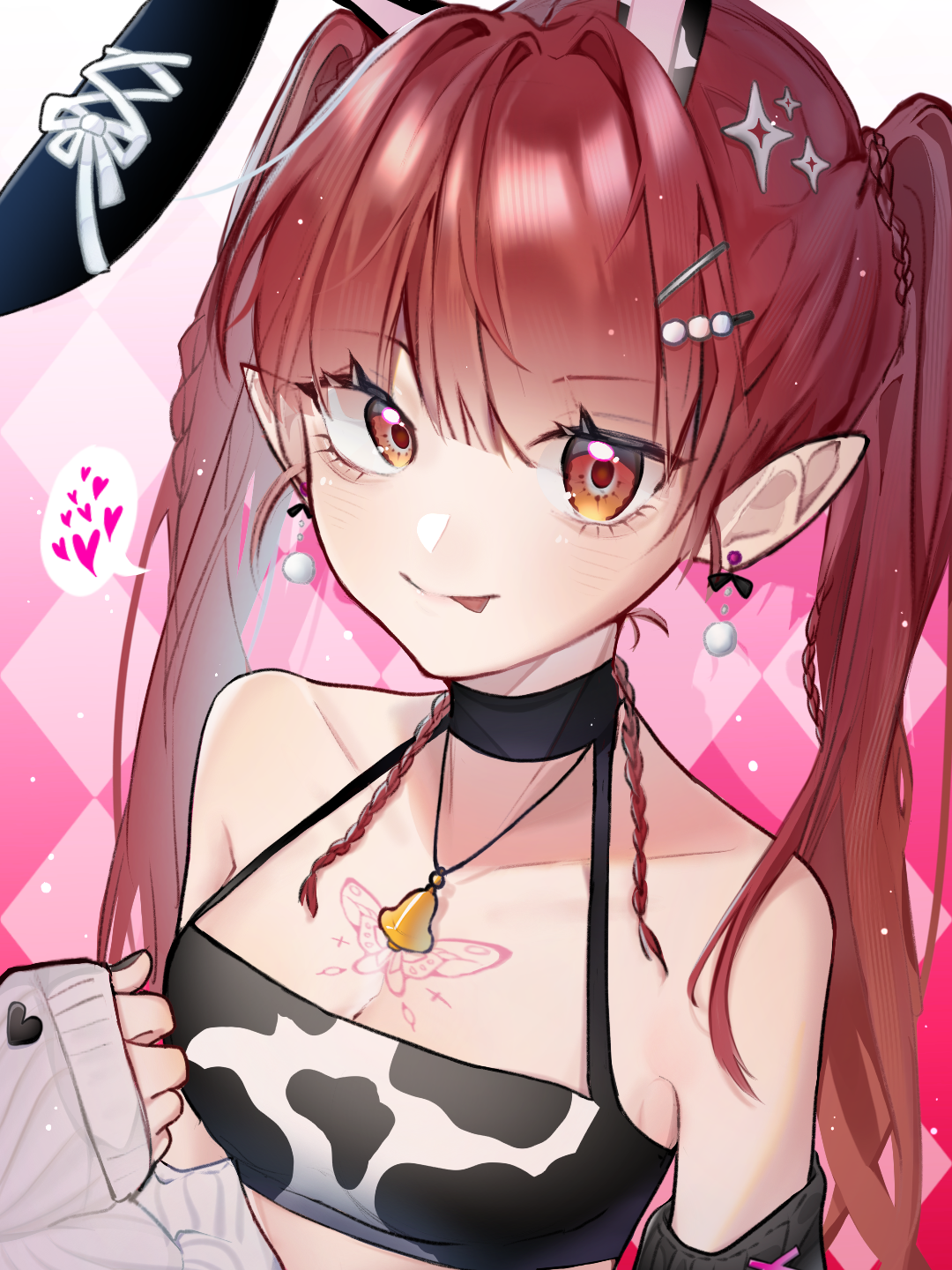 dongfang zhizi, utau, chinese commentary, commentary request, highres, variant set, 1girl, :p, aegyo sal, animal ears, argyle background, bare shoulders, bell, black choker, black nails, braid, breasts, butterfly tattoo, chest tattoo, choker, cleavage, closed mouth, collarbone, crop top, cross-laced clothes, drop shadow, earrings, fake animal ears, fingernails, gradient background, hair intakes, hair ornament, hairclip, hairpin, halterneck, hand up, heart, jewelry, lone nape hair, long hair, long sleeves, looking at viewer, nail polish, neck bell, necklace, off shoulder, orange eyes, pink background, pink tattoo, pointy ears, pom pom (clothes), pom pom earrings, rabbit ears, red hair, sleeves past wrists, smile, solo, sparkle hair ornament, spoken heart, sundayxiye, tattoo, tongue, tongue out, twintails, twintails with braided base, upper body