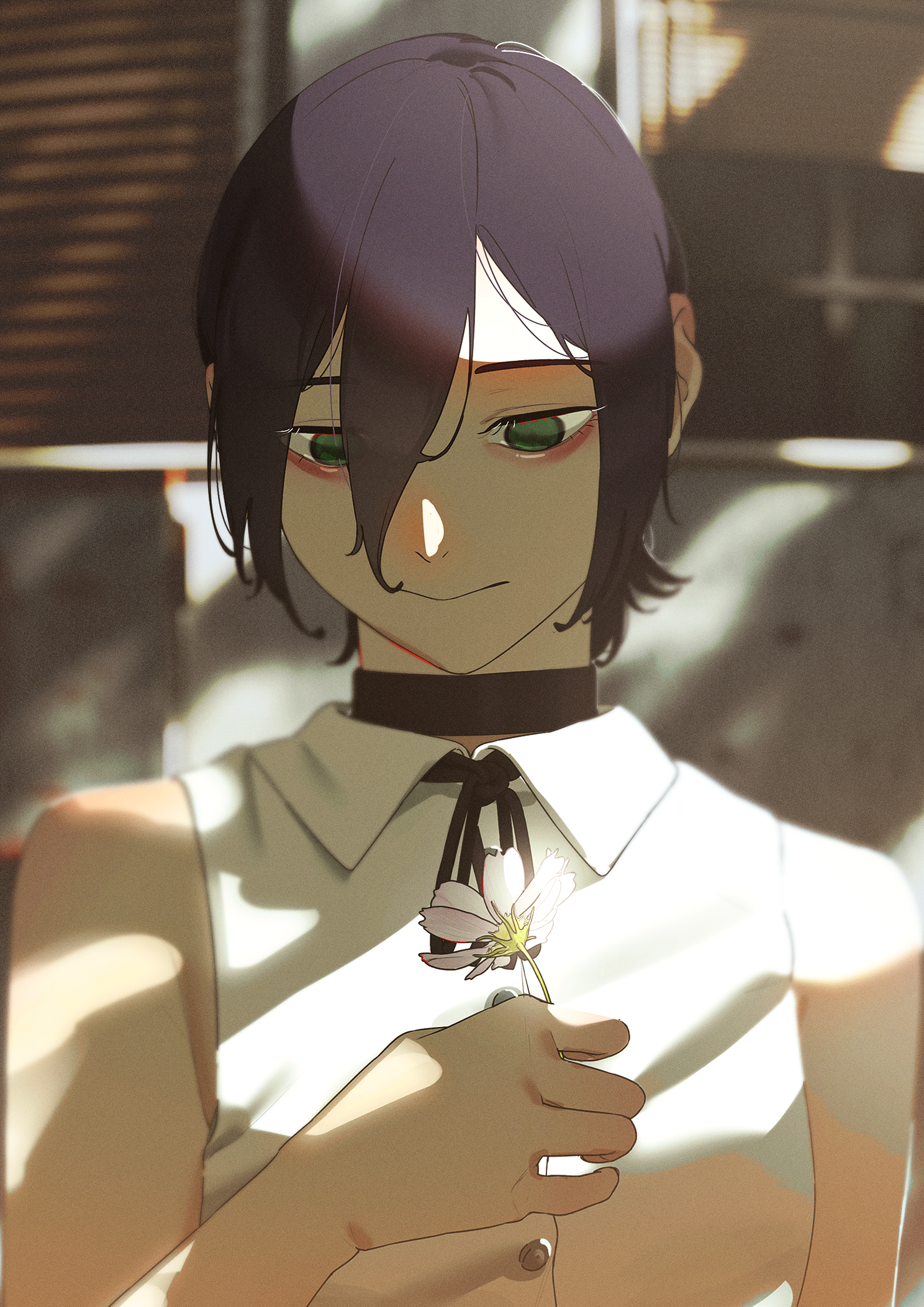 taro (tarrr o), reze (chainsaw man), chainsaw man, commentary request, highres, 1girl, black choker, black hair, black ribbon, choker, closed mouth, flower, green eyes, hair between eyes, holding, holding flower, ribbon, shirt, sleeveless, sleeveless shirt, solo, white flower, white shirt