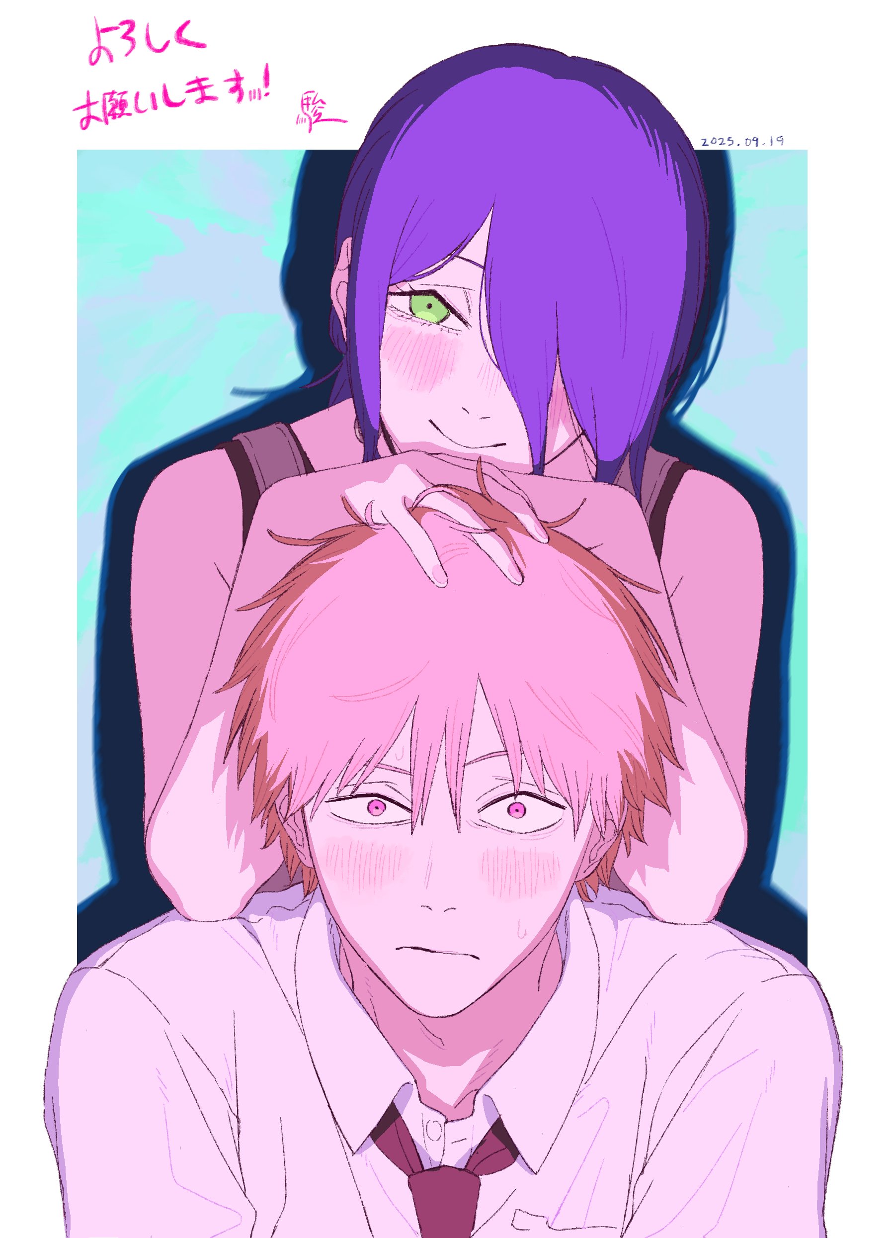 original nasu, denji (chainsaw man), reze (chainsaw man), chainsaw man, absurdres, commentary request, highres, translation request, 1boy, 1girl, blush, closed mouth, collared shirt, dated, green eyes, hair over one eye, looking at viewer, necktie, pink eyes, pink hair, purple hair, purple necktie, shirt, short hair, smile, sweatdrop, white shirt