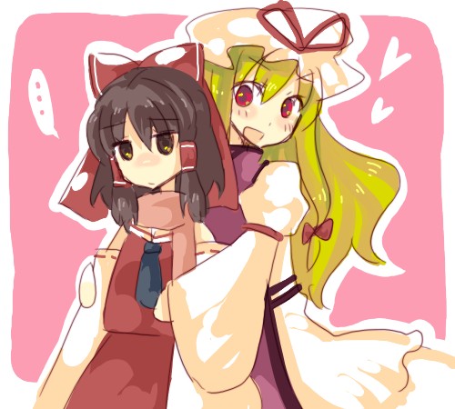 yutsuka, yutsuka (amyucca), hakurei reimu, yakumo yukari, touhou, lowres, 2girls, female focus, multiple girls
