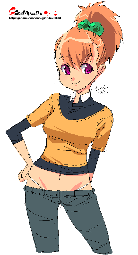 onija tarou, original, 1girl, denim, female focus, jeans, oekaki, orange hair, pants, pink eyes, simple background, solo, white background
