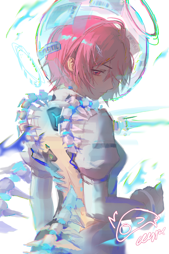 fuchsia (marine enigma) (strinova), fuchsia (strinova), strinova, 1girl, bare back, bob cut, bodysuit, bone, exoskeleton, from behind, gloves, hh (cece), looking at viewer, looking back, pink eyes, pink hair, shark girl, short hair, simple background, skeletal tail, skin tight, solo, tail, white background
