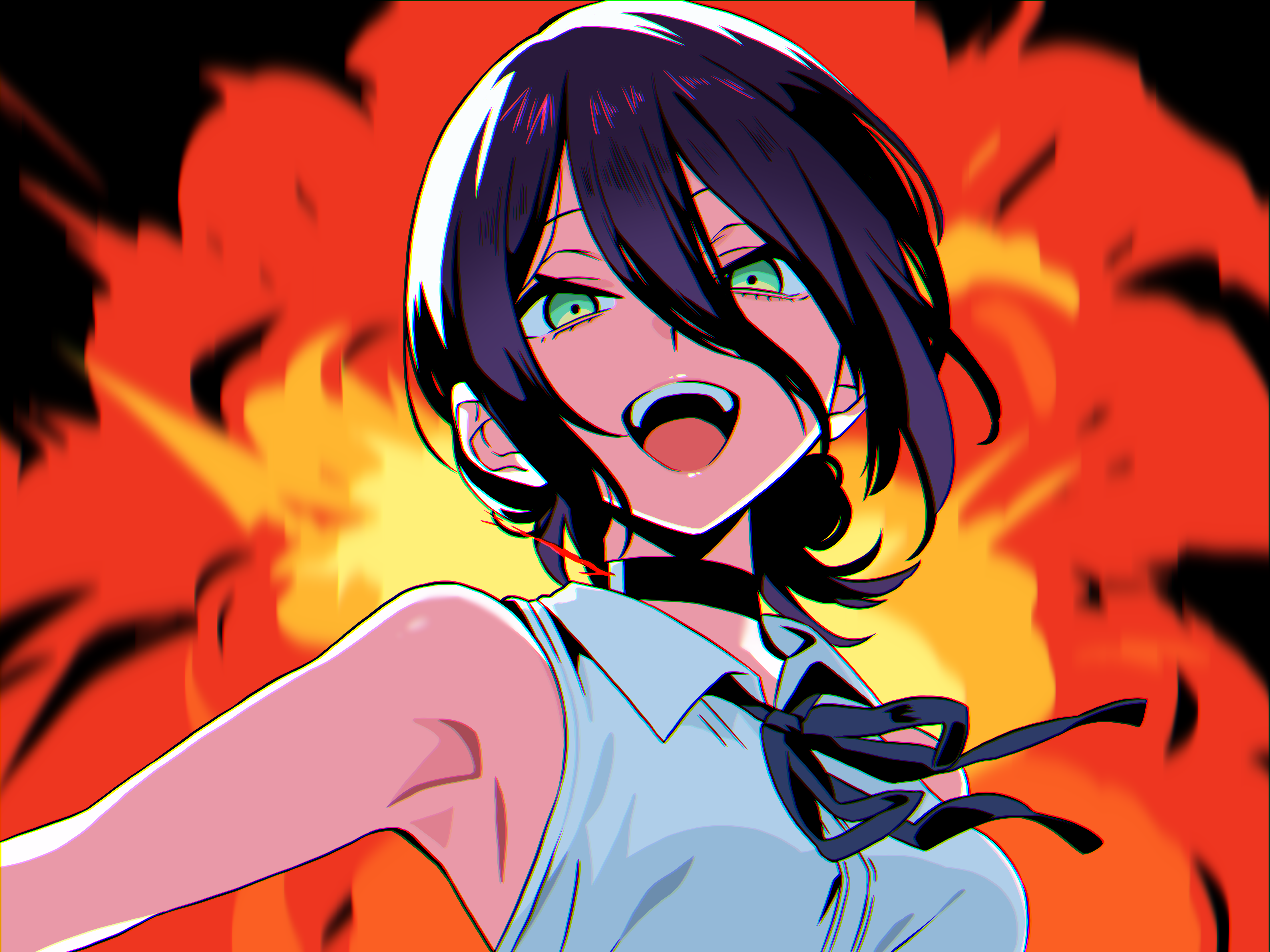 maorisu henkyo haku, reze (chainsaw man), chainsaw man, absurdres, highres, 1girl, black choker, black ribbon, blood, choker, collared shirt, explosion, explosion background, green eyes, hair between eyes, hair bun, looking at viewer, open mouth, purple hair, ribbon, shirt, sleeveless, sleeveless shirt, solo, teeth, upper teeth only, white shirt