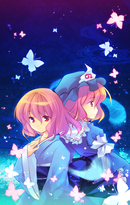 shinia, saigyouji yuyuko, touhou, 2girls, back-to-back, bug, butterfly, dual persona, expressionless, female focus, ghost, hand on own chest, hat, japanese clothes, kimono, multiple girls, no headwear, pink hair, red eyes, short hair