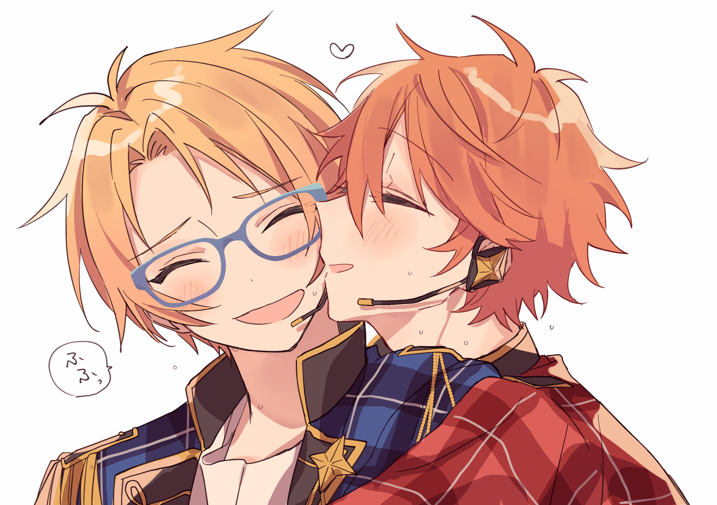 zu tonatuyasumi, akehoshi subaru, yuuki makoto (ensemble stars!), ensemble stars!, highres, 2boys, blonde hair, blue-framed eyewear, blue jacket, closed eyes, glasses, hair between eyes, heart, jacket, male focus, microphone, multiple boys, open mouth, orange hair, portrait, red jacket, short hair, simple background, smile, speech bubble, white background