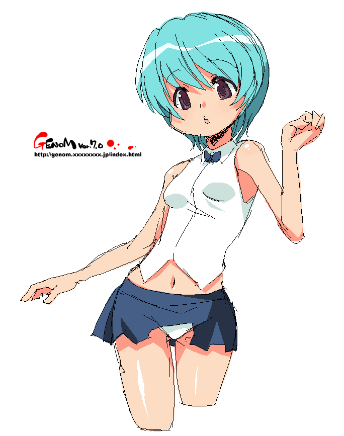 onija tarou, original, 1girl, blue hair, brown eyes, female focus, oekaki, short hair, simple background, skirt, solo, white background