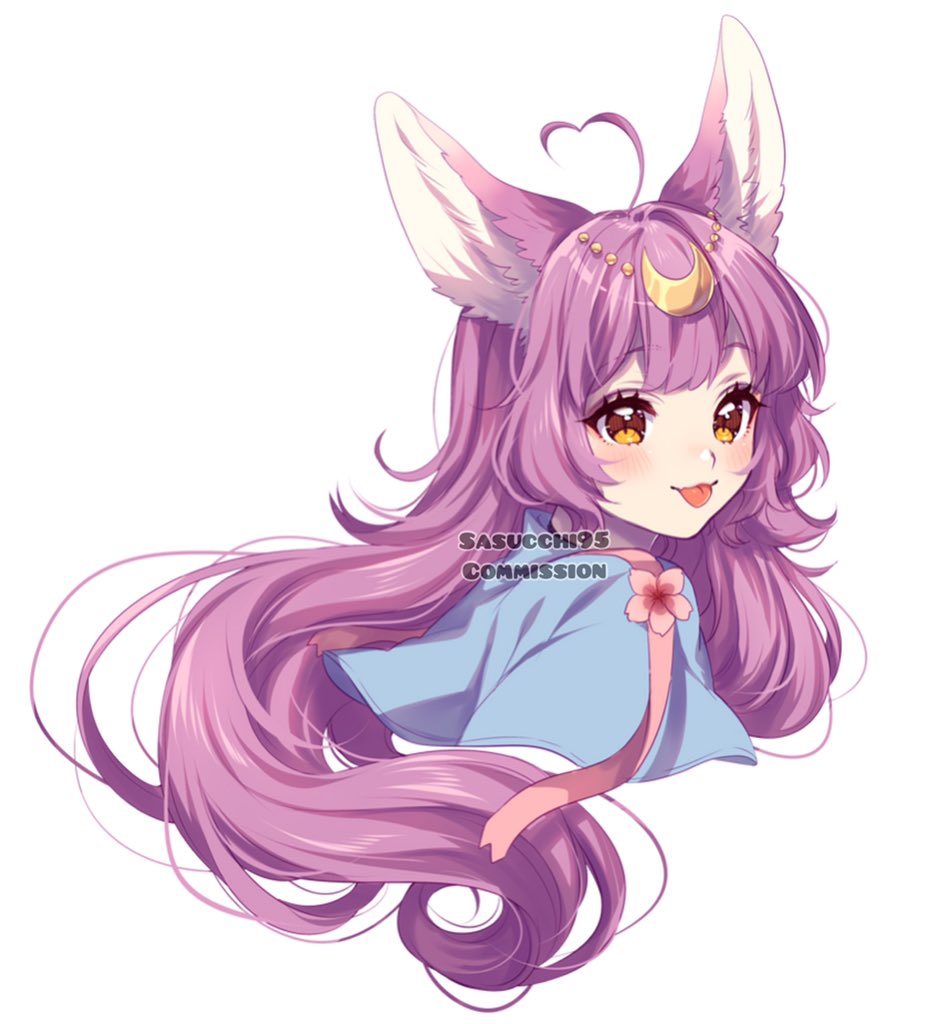 sasucchi95, kitsune cafe, commentary, commission, english commentary, 1girl, :3, ahoge, animal ears, artist name, artysaur, blue shirt, blush, brown eyes, center-flap bangs, circlet, closed mouth, cropped shoulders, flower, fox ears, fox girl, gold circlet, heart, heart ahoge, long hair, looking at viewer, looking back, pink flower, shirt, simple background, smile, solo, tongue, tongue out, very long hair, virtual youtuber, watermark, wavy hair, white background