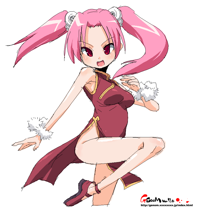 onija tarou, original, 1girl, china dress, chinese clothes, dress, female focus, oekaki, pink hair, red eyes, simple background, solo, twintails, white background