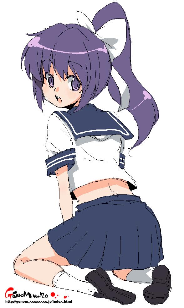 onija tarou, original, 1girl, female focus, oekaki, ponytail, purple hair, school uniform, serafuku, simple background, skirt, socks, solo, white background