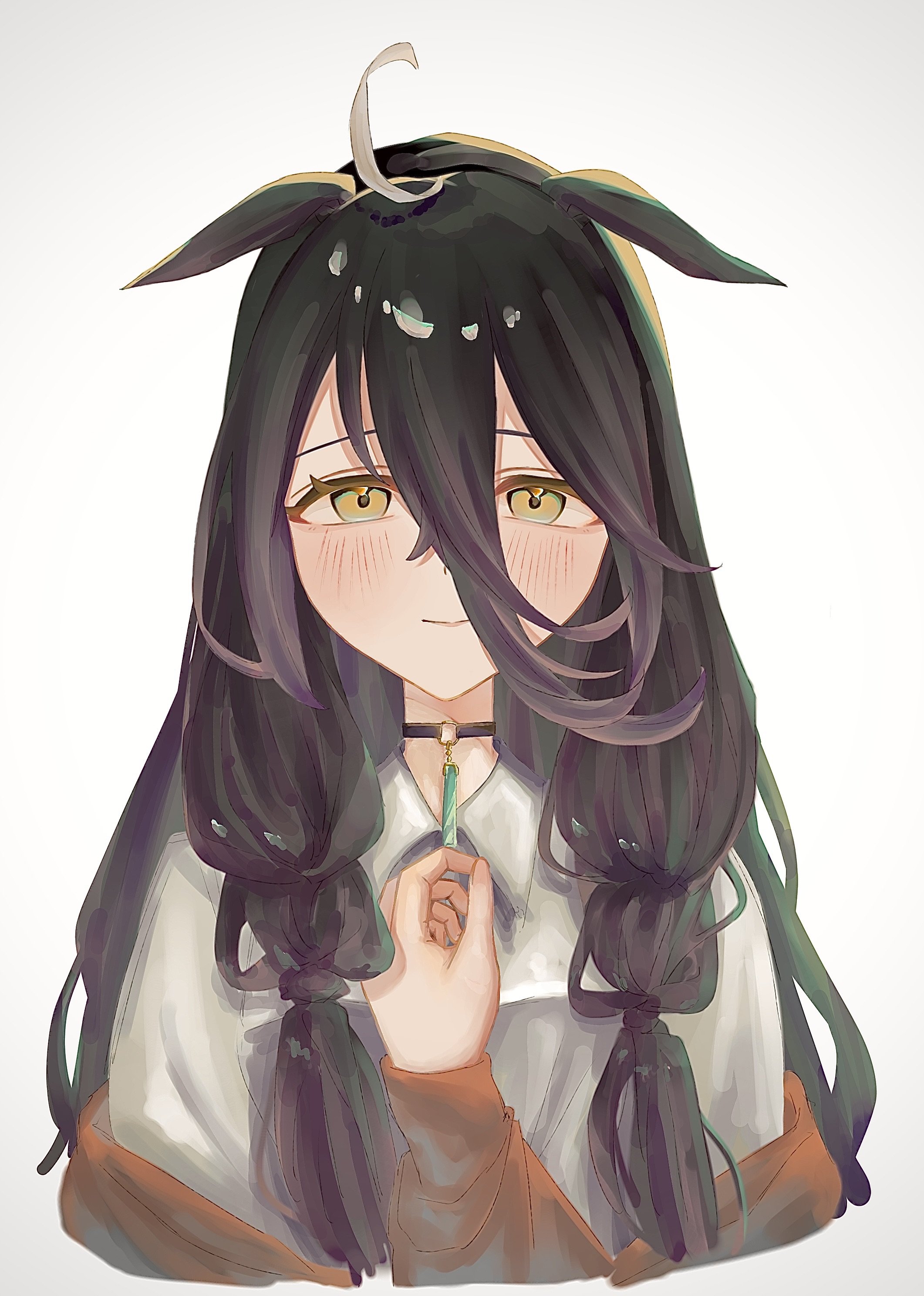 manhattan cafe (umamusume), umamusume, absurdres, highres, 1girl, ahoge, animal ears, black choker, black hair, blush, choker, closed mouth, collared shirt, crossed bangs, ears down, grey hair, hair between eyes, hand up, horse ears, horse girl, long bangs, long hair, long hair between eyes, looking at viewer, low twintails, multicolored hair, ooneyou, shirt, simple background, smile, solo, twintails, very long hair, white background, white shirt, yellow eyes