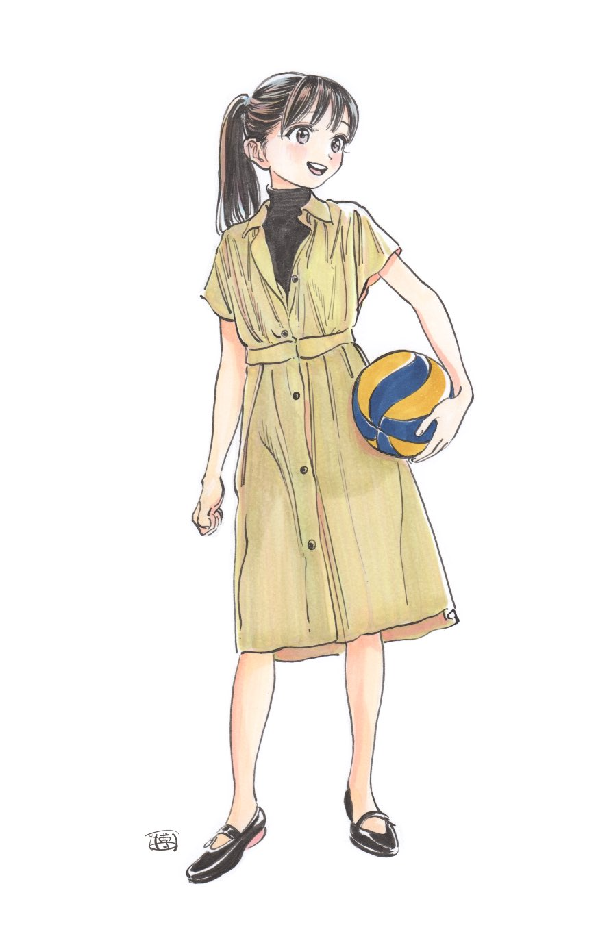 hiro (dismaless), akebi komichi, akebi-chan no serafuku, highres, 1girl, ball, black eyes, black hair, black shirt, black shoes, buttons, clenched hand, collared dress, dress, eyelashes, full body, high ponytail, holding, holding ball, long dress, long hair, looking to the side, mary janes, open mouth, ponytail, see-through clothes, see-through dress, shirt, shoes, short sleeves, signature, simple background, smile, solo, straight hair, swept bangs, teeth, turtleneck, upper teeth only, volleyball (object), white background, yellow dress