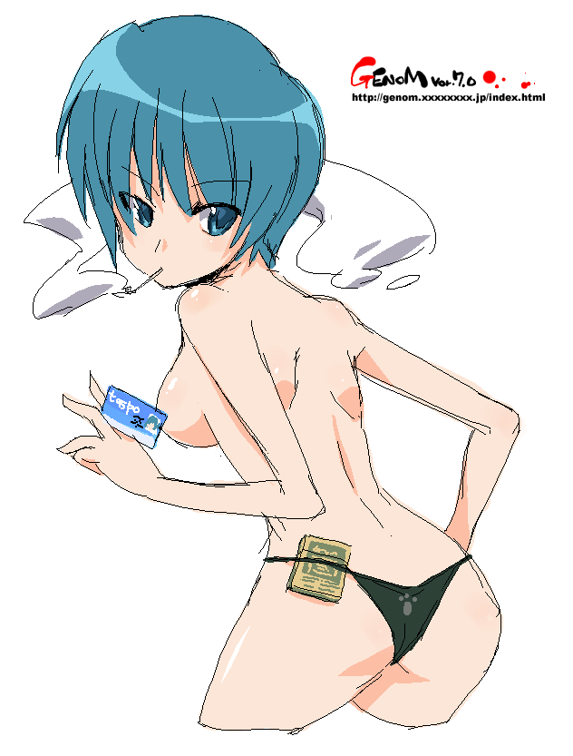 onija tarou, 1girl, blue eyes, blue hair, cigarette, female focus, looking back, oekaki, panties, short hair, simple background, smoking, solo, thong, underwear, watermark, web address, white background