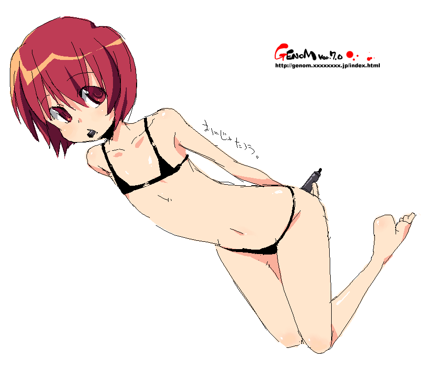 onija tarou, 1girl, barefoot, bikini, black bikini, female focus, flat chest, marker, micro bikini, oekaki, red eyes, red hair, short hair, simple background, solo, swimsuit, white background