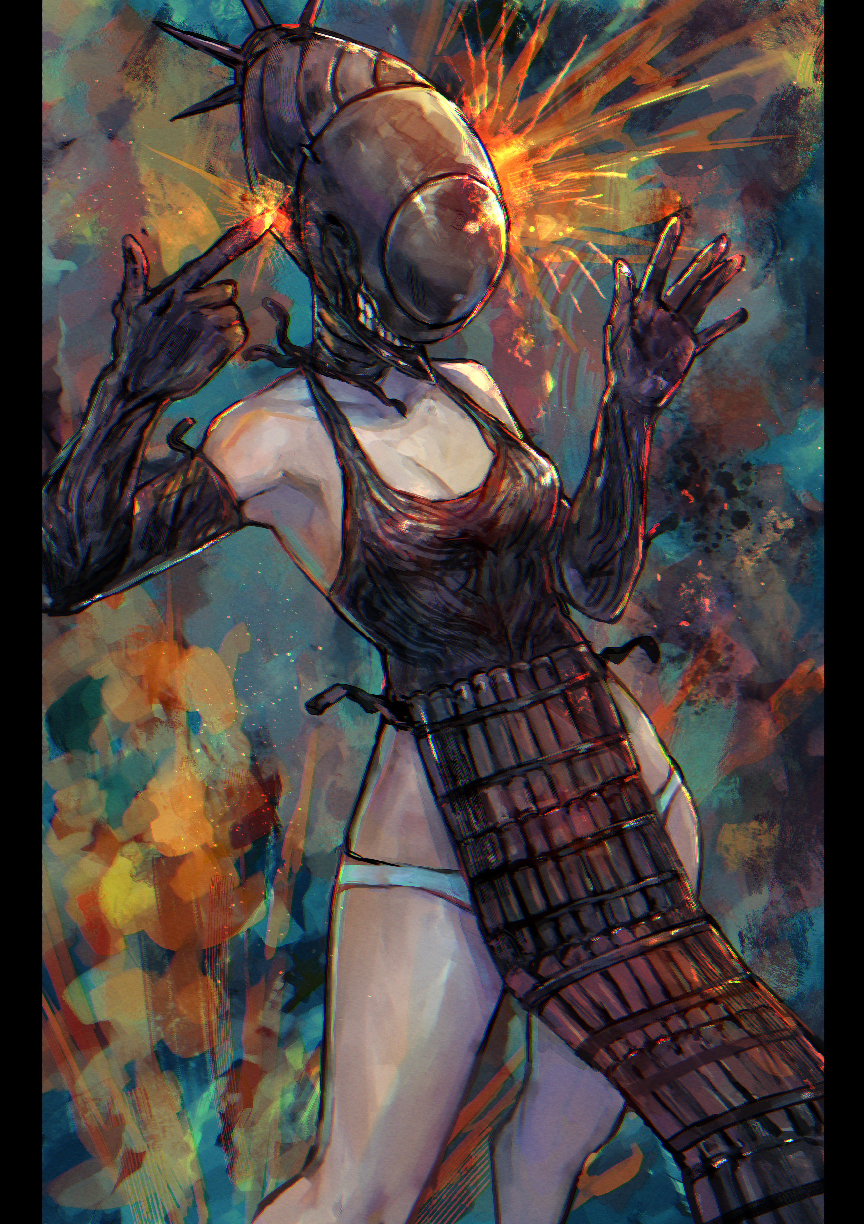 sabamiso taro, bomb devil (chainsaw man), chainsaw man, absurdres, highres, 1girl, apron, black apron, black gloves, breasts, cleavage, dynamite, elbow gloves, explosive, finger gun, finger gun to head, gloves, medium breasts, panties, solo, teeth, underwear, white panties